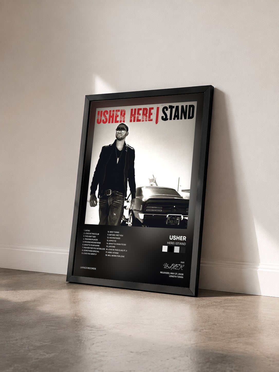 #noir Tableau de l'album Here I Stand de USHER vu de trois quarts, cadre noir