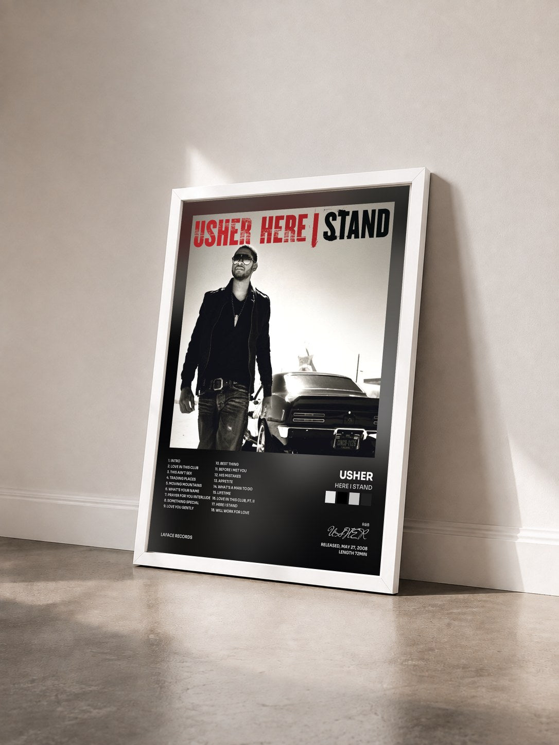 #blanc Tableau de l'album Here I Stand de USHER vu de trois quarts, cadre blanc