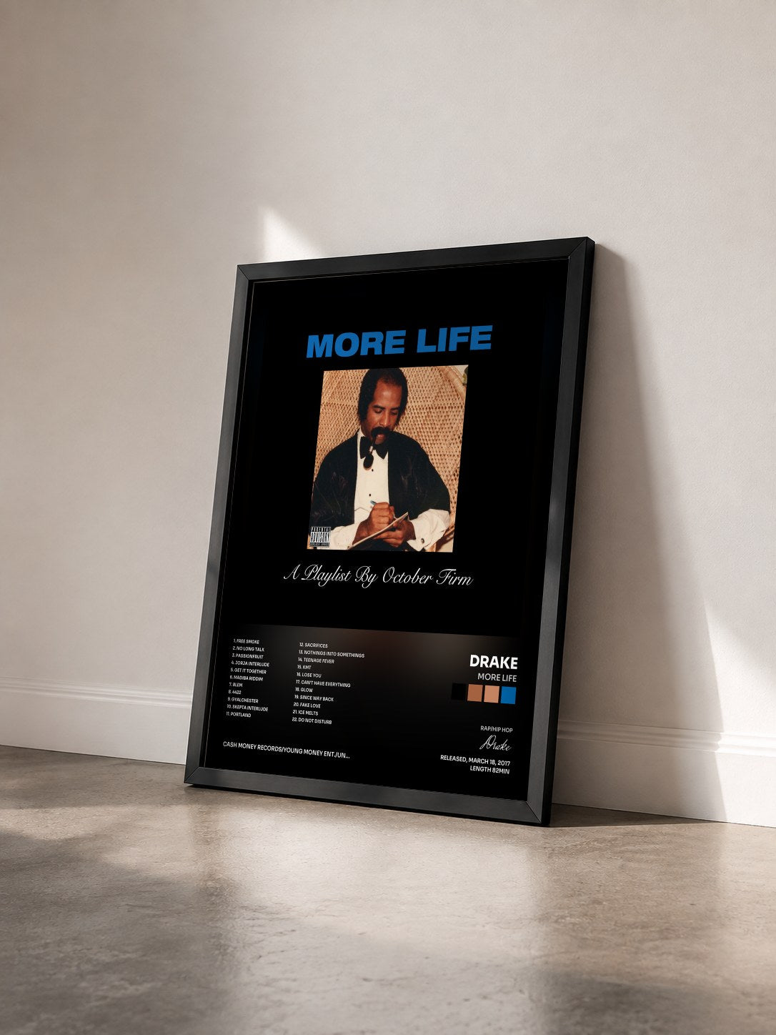 #noir More Life di Drake in stampa incorniciata vista di tre quarti, cornice nera