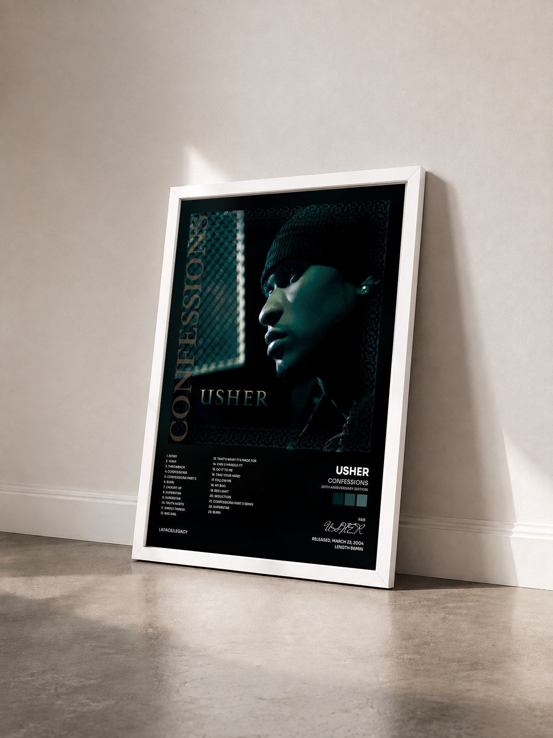 #blanc Tableau de l'album Confessions (20th Anniversary Edition) de USHER vu de trois quarts, cadre blanc