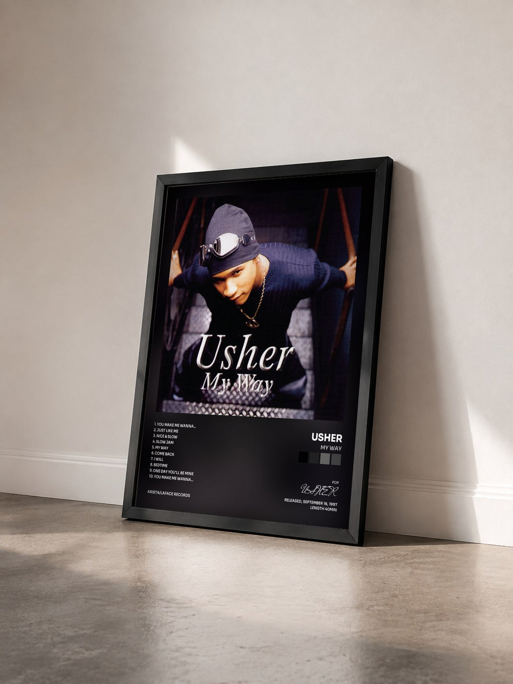 #noir Tableau de l'album My Way de USHER vu de trois quarts, cadre noir