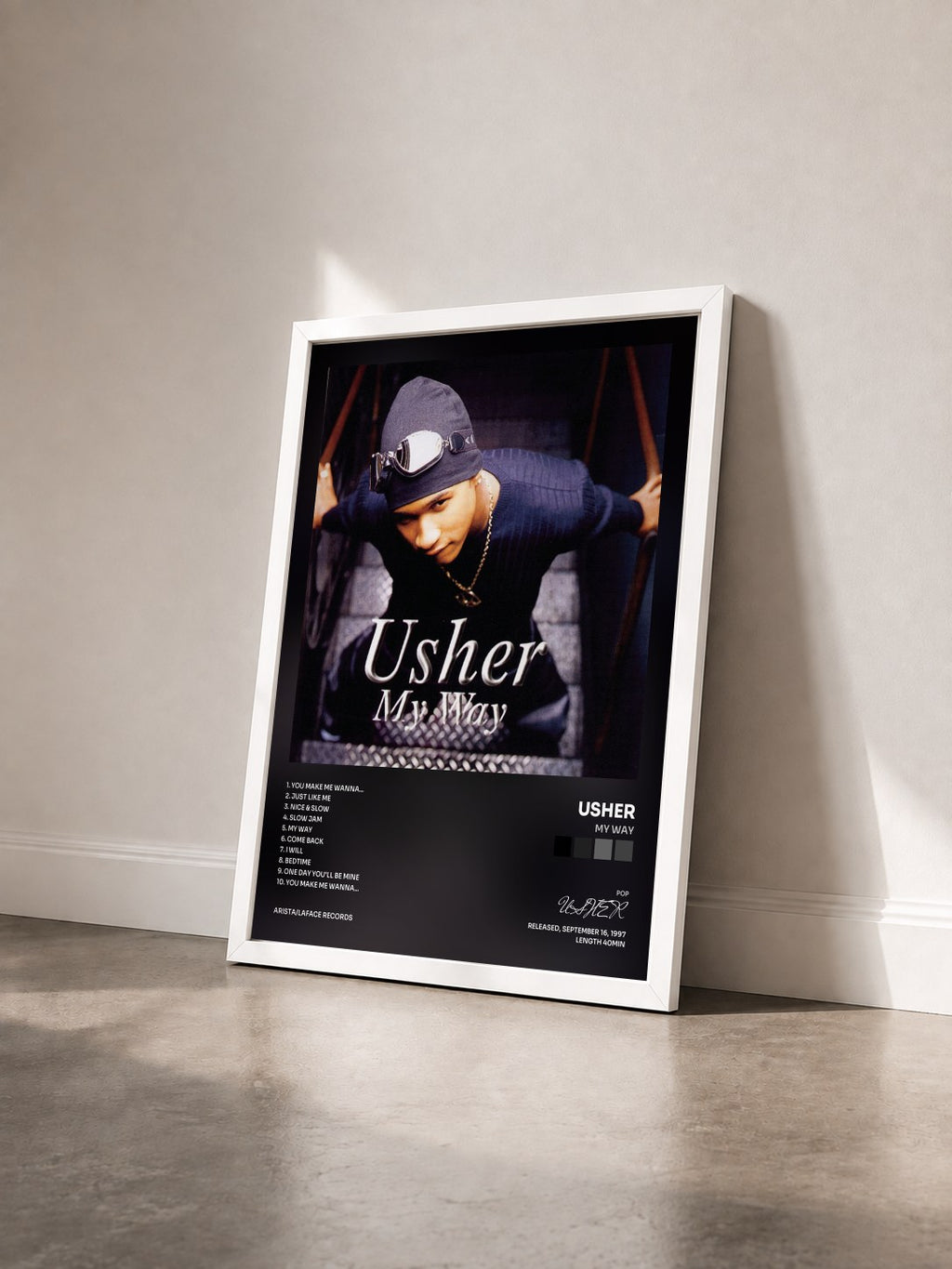 #blanc Tableau de l'album My Way de USHER vu de trois quarts, cadre blanc