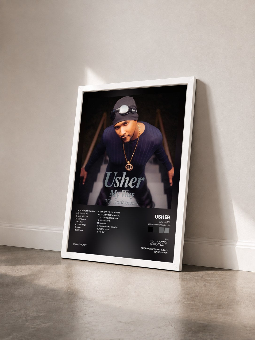 #blanc Tableau de l'album My Way (25th Anniversary Edition) de USHER vu de trois quarts, cadre blanc