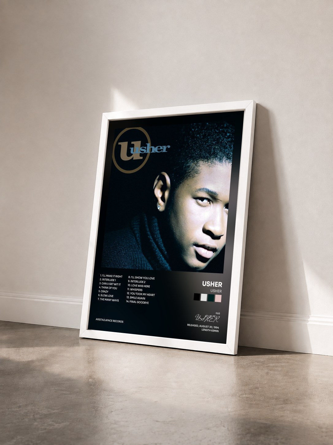 #blanc Tableau de l'album Usher de USHER vu de trois quarts, cadre blanc