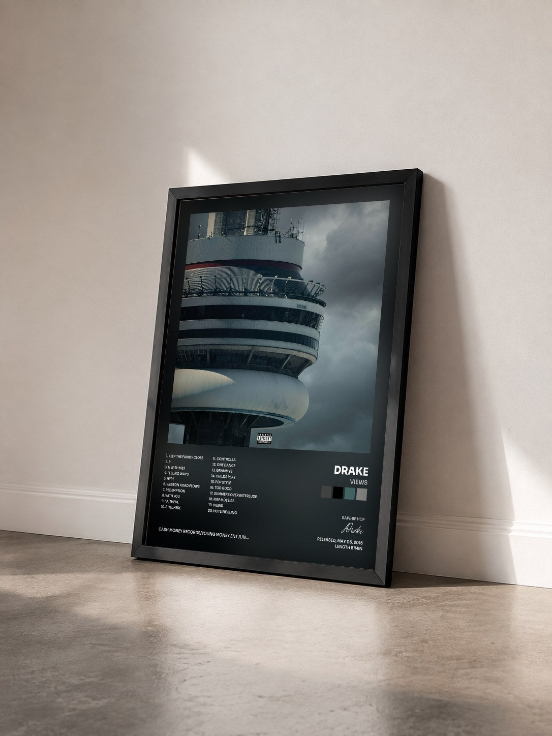 #noir Tableau de l'album Views de Drake vu de trois quarts, cadre noir