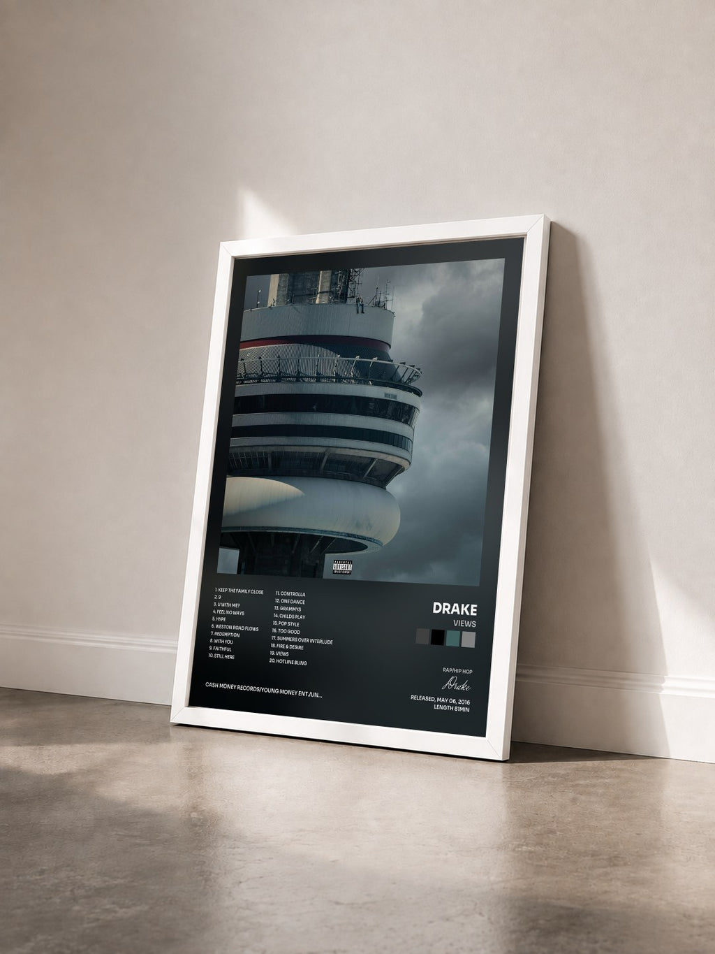 #blanc Tableau de l'album Views de Drake vu de trois quarts, cadre blanc