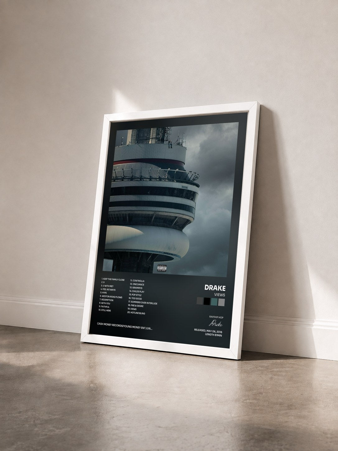 #blanc Tableau de l'album Views de Drake vu de trois quarts, cadre blanc