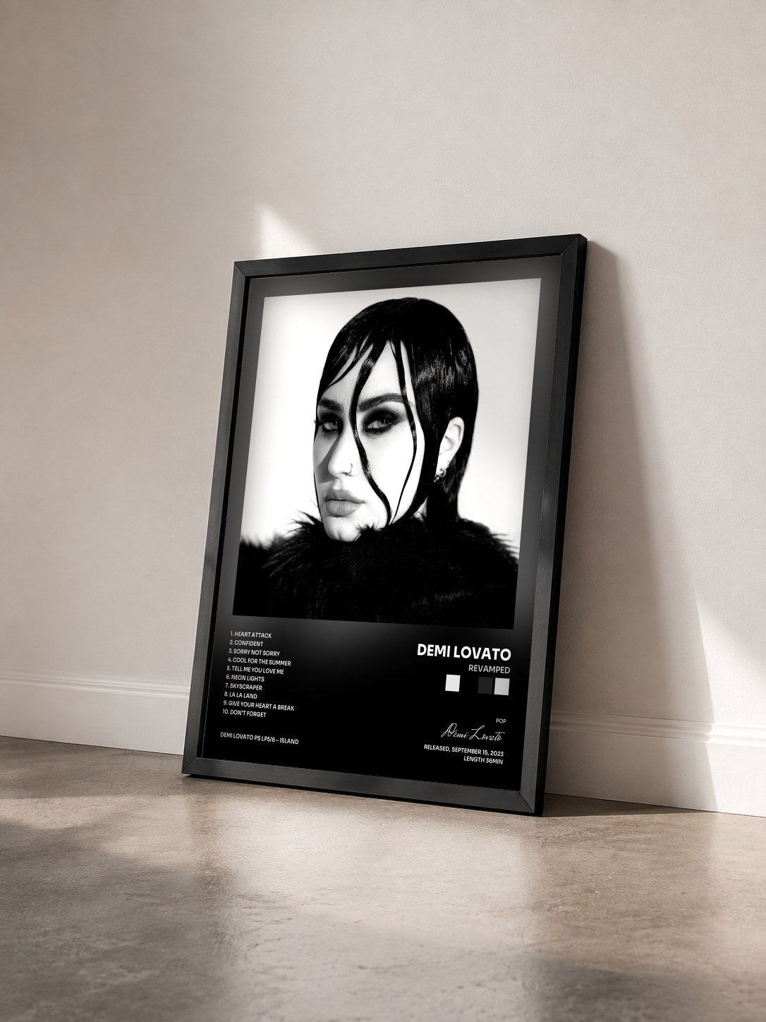 #noir Tableau de l'album REVAMPED de Demi Lovato vu de trois quarts, cadre noir