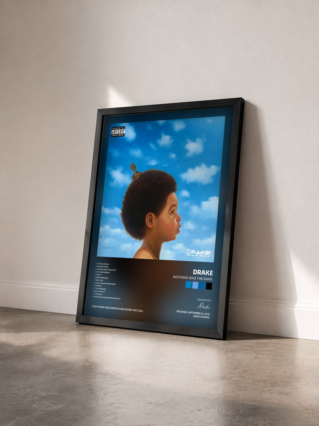 #noir Nothing Was The Same by Drake as a framed art print seen at an angle, black frame