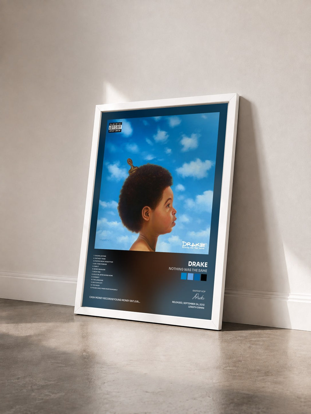 #blanc Nothing Was The Same de Drake en lámina enmarcada vista de tres cuartos, marco blanco