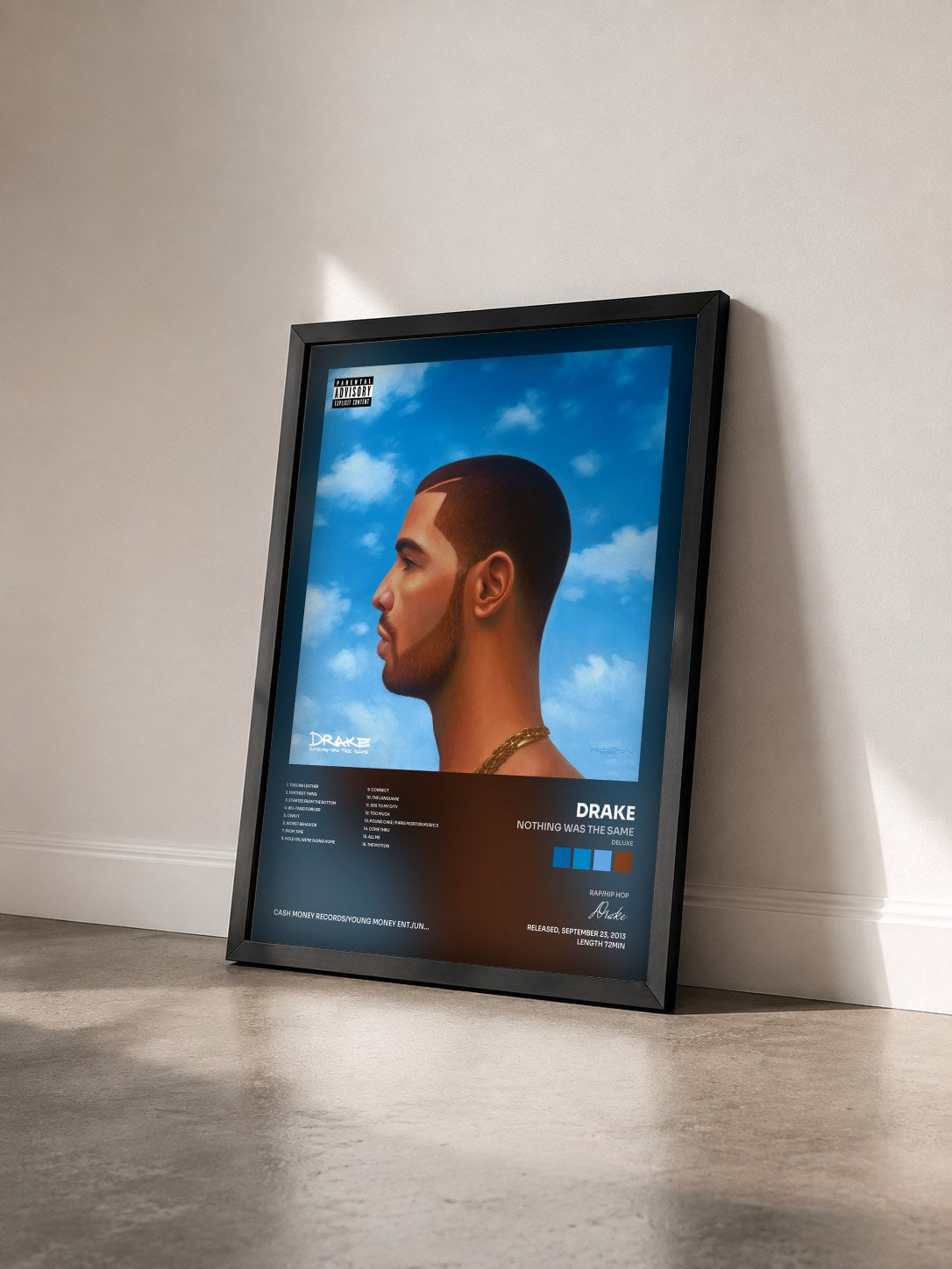 #noir Nothing Was The Same (Deluxe) di Drake in stampa incorniciata vista di tre quarti, cornice nera