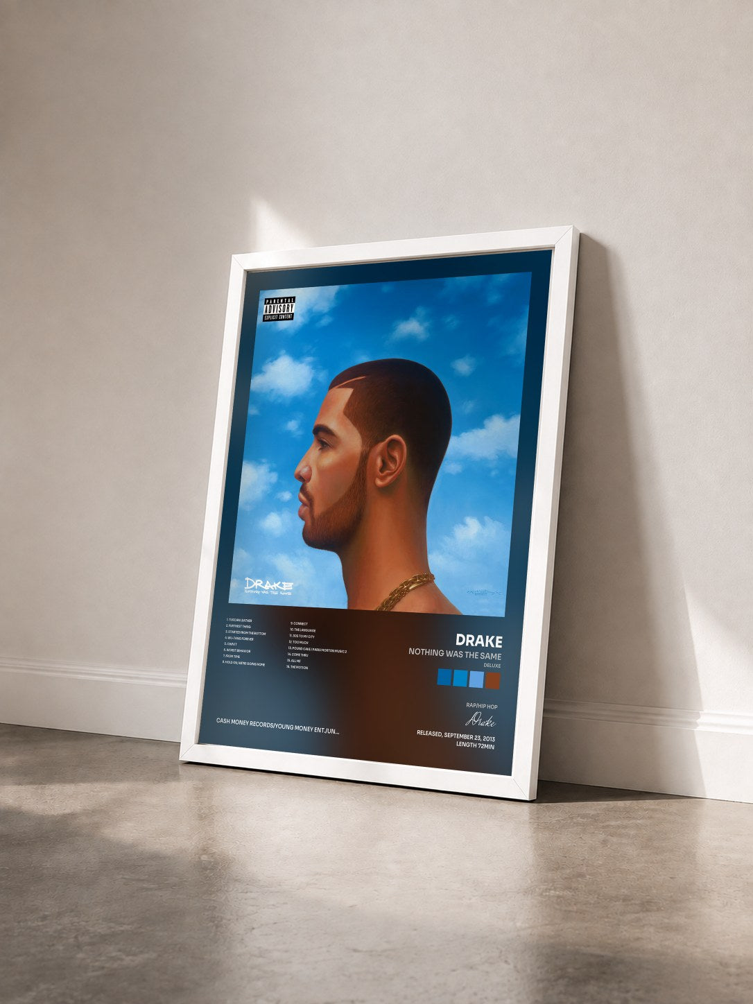 #blanc Nothing Was The Same (Deluxe) di Drake in stampa incorniciata vista di tre quarti, cornice bianca
