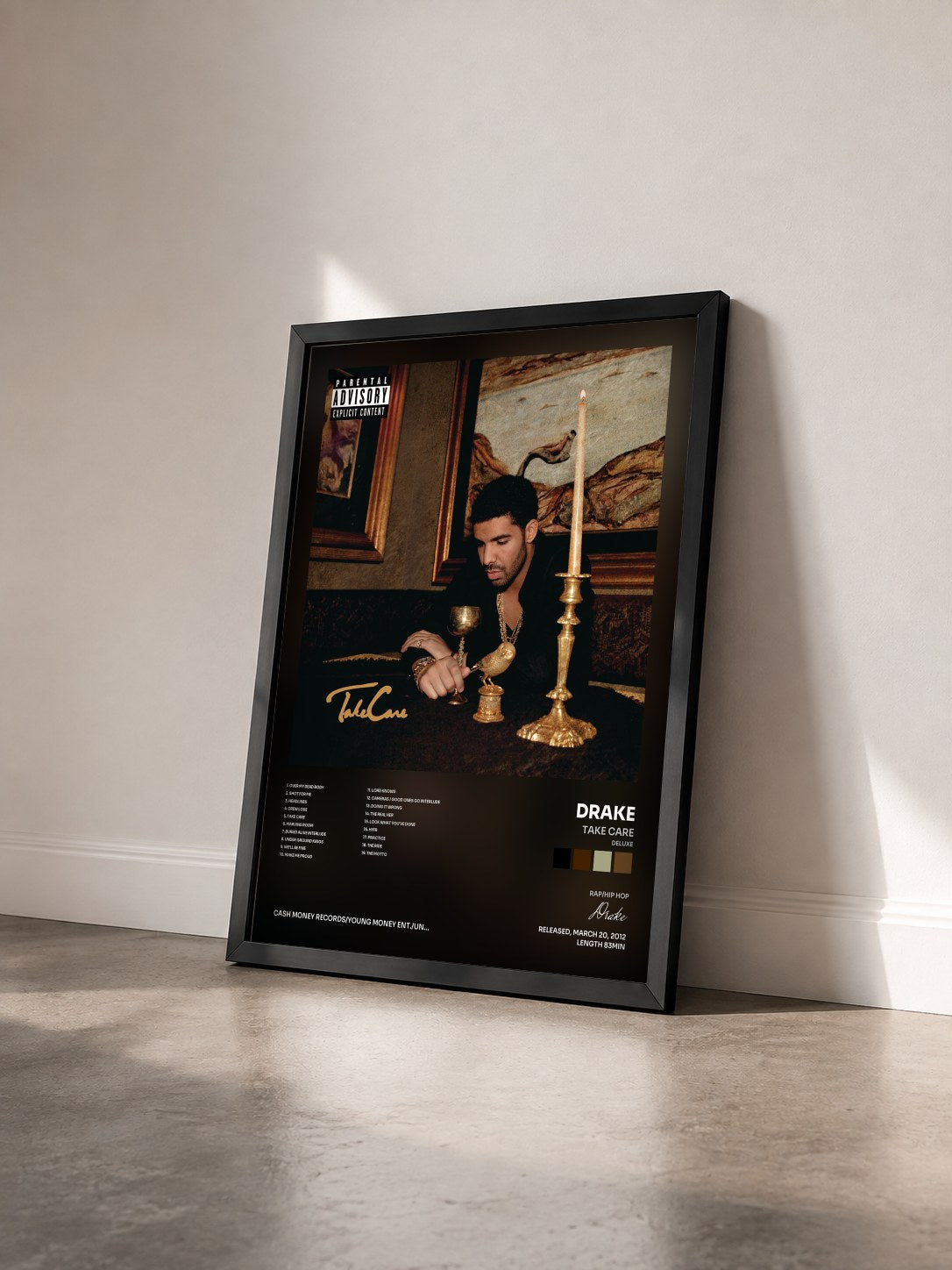 #noir Take Care (Deluxe) di Drake in stampa incorniciata vista di tre quarti, cornice nera