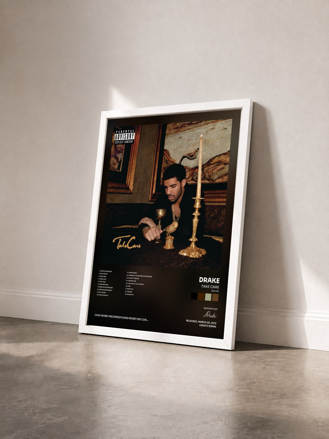 #blanc Take Care (Deluxe) di Drake in stampa incorniciata vista di tre quarti, cornice bianca