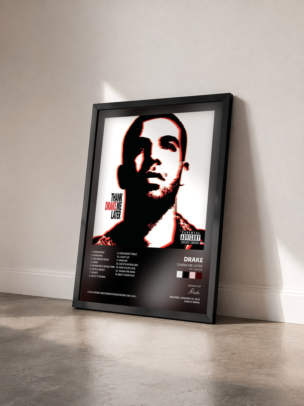 #noir Thank Me Later (Int'l Version) by Drake as a framed art print seen at an angle, black frame