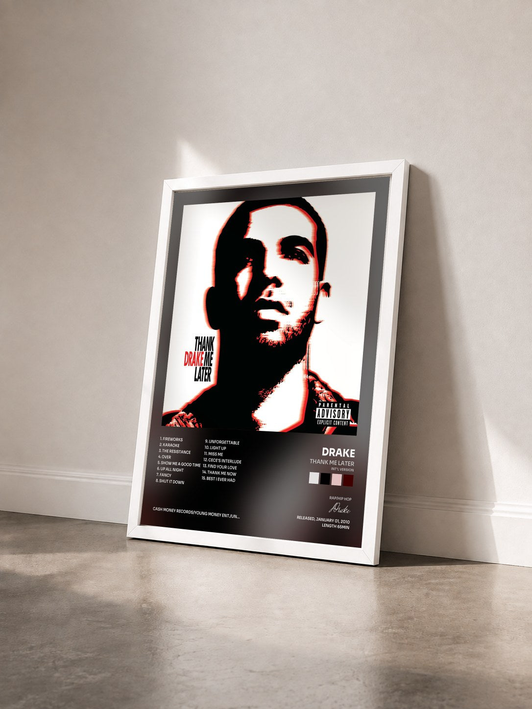 #blanc Tableau de l'album Thank Me Later (Int'l Version) de Drake vu de trois quarts, cadre blanc