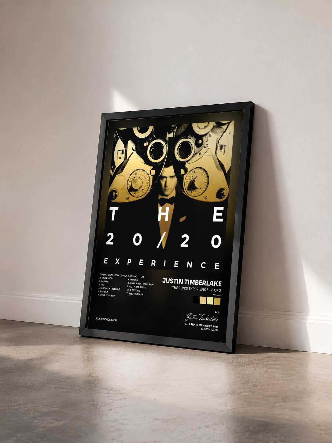 #noir Tableau de l'album The 20/20 Experience - 2 of 2 (Deluxe) de Justin Timberlake vu de trois quarts, cadre noir
