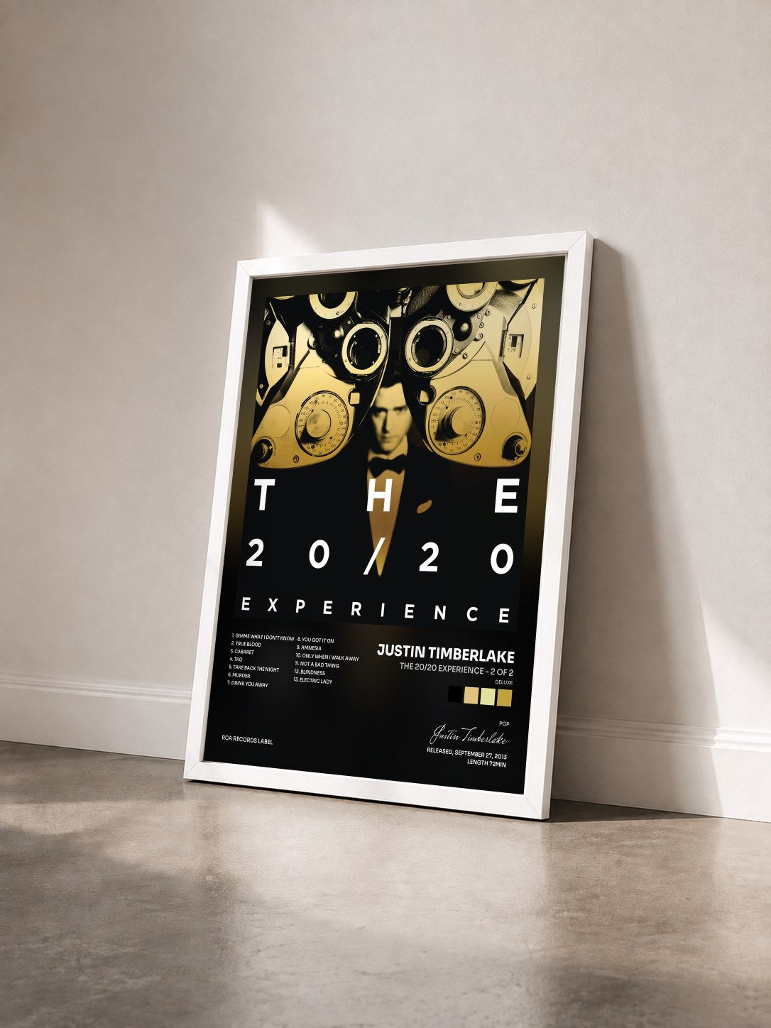 #blanc Tableau de l'album The 20/20 Experience - 2 of 2 (Deluxe) de Justin Timberlake vu de trois quarts, cadre blanc