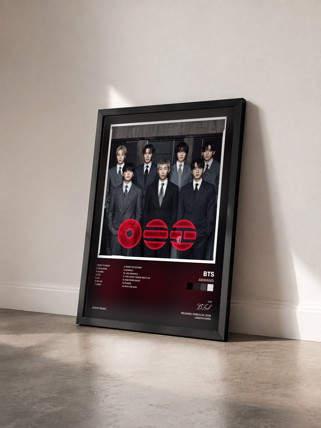 #noir Tableau de l'album ARIRANG de BTS vu de trois quarts, cadre noir