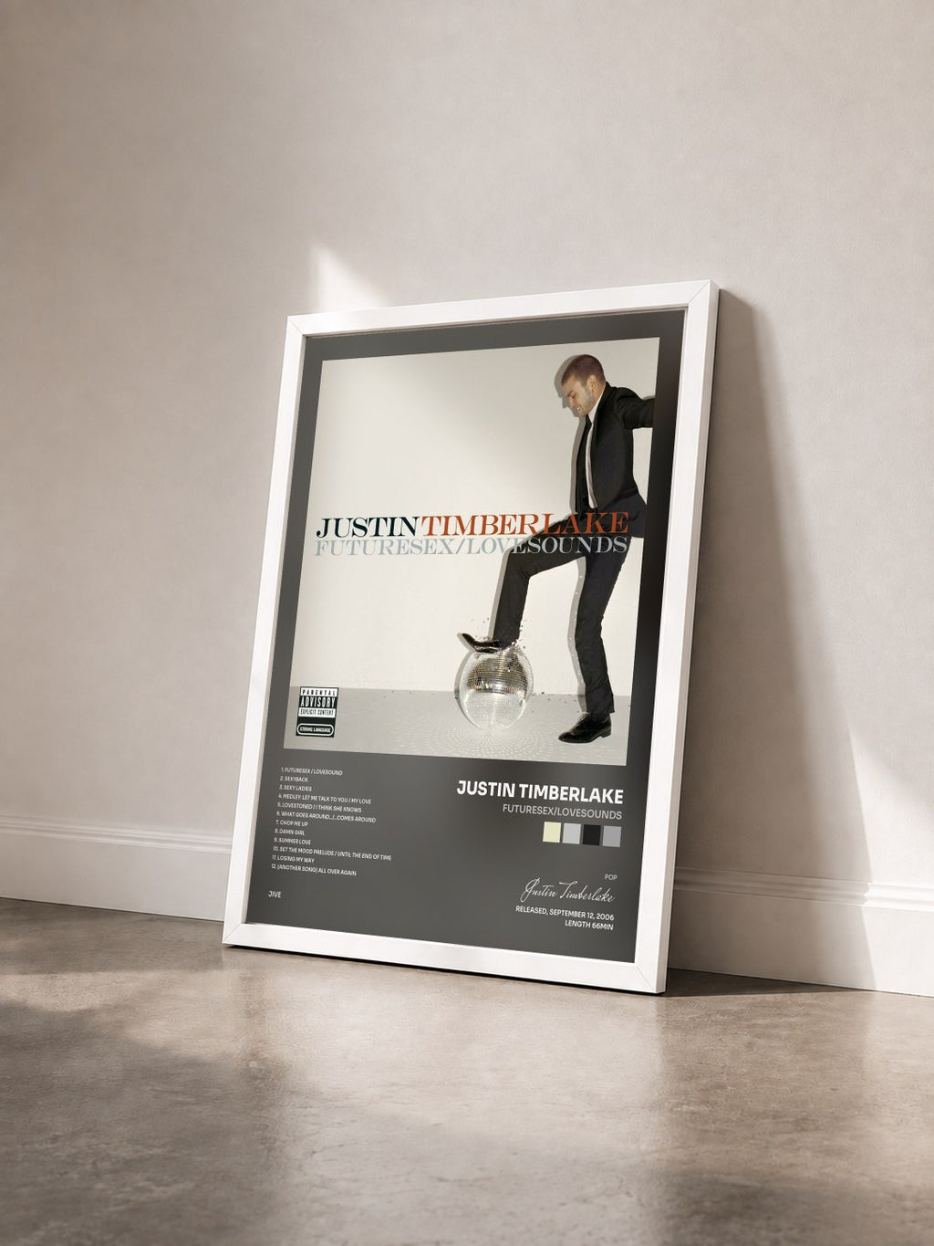 #blanc Tableau de l'album FutureSex/LoveSounds de Justin Timberlake vu de trois quarts, cadre blanc