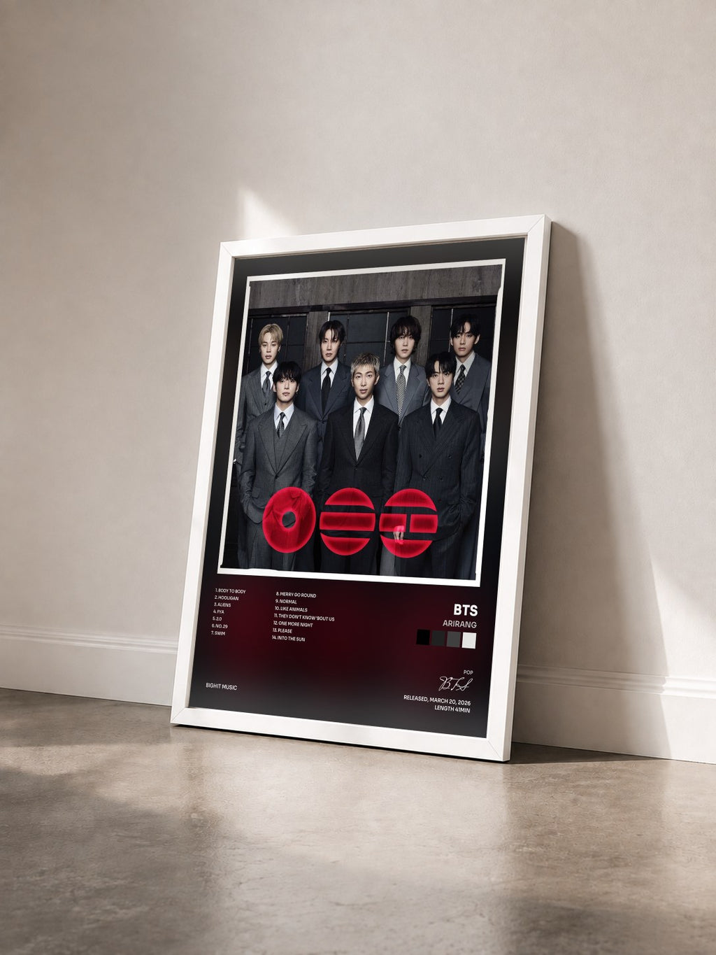 #blanc Tableau de l'album ARIRANG de BTS vu de trois quarts, cadre blanc
