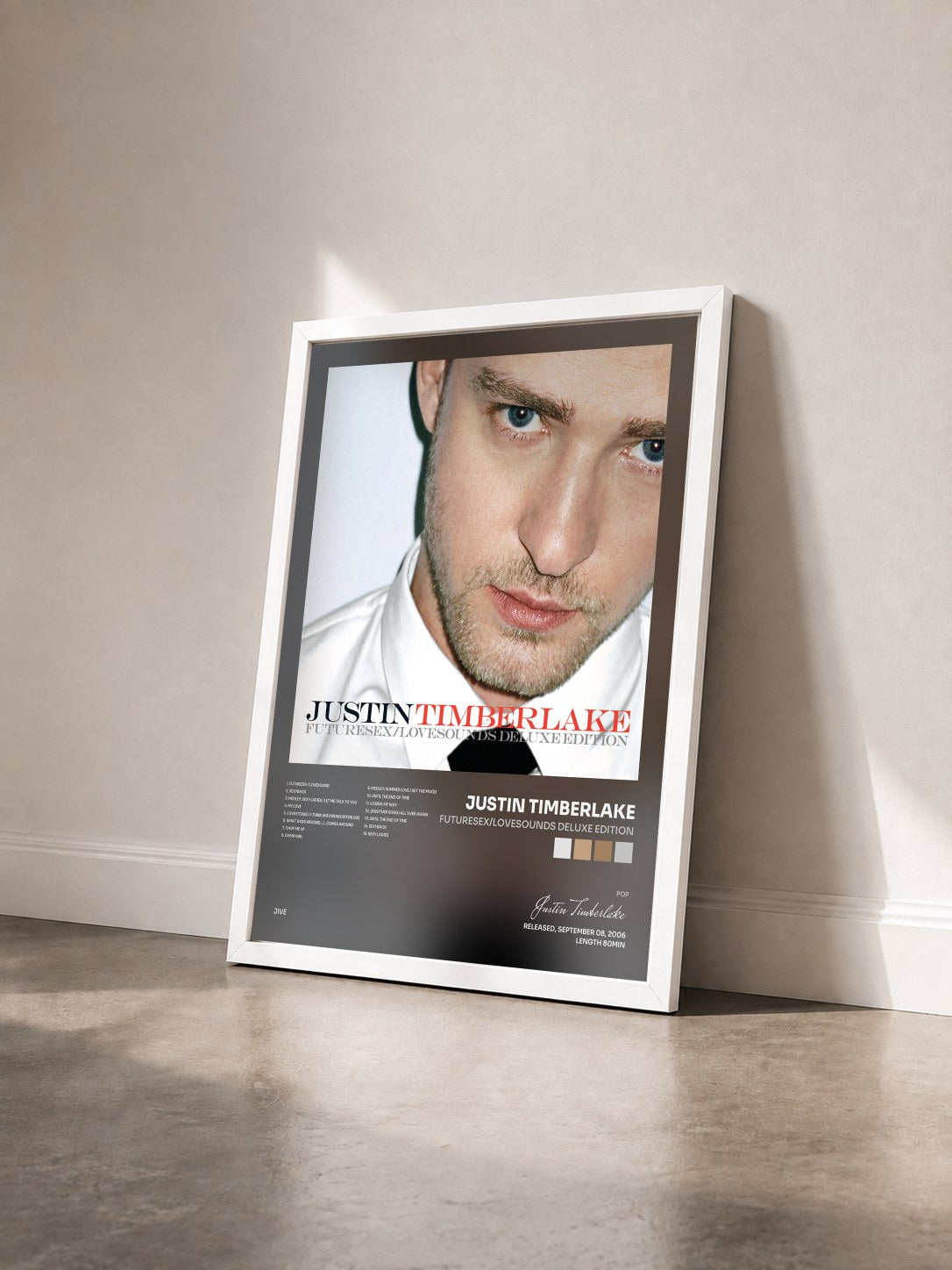 #blanc FutureSex/LoveSounds Deluxe Edition de Justin Timberlake en lámina enmarcada vista de tres cuartos, marco blanco