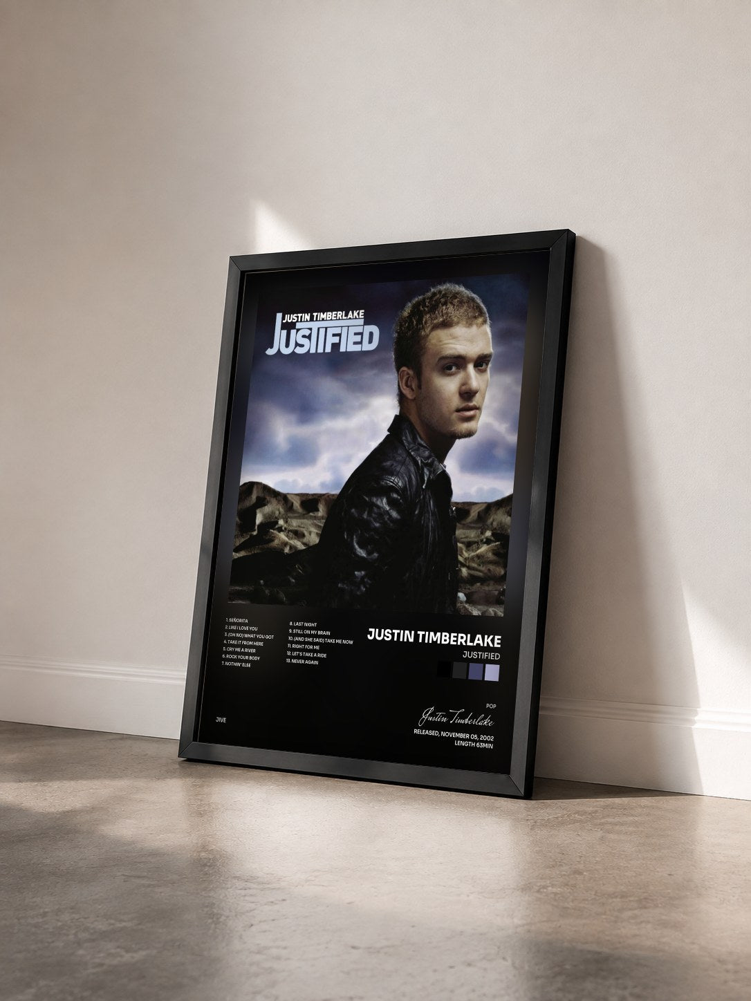 #noir Justified by Justin Timberlake as a framed art print seen at an angle, black frame