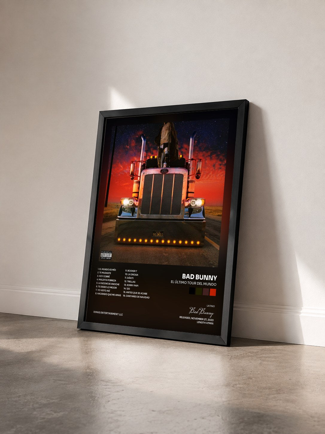 #noir EL ÚLTIMO TOUR DEL MUNDO by Bad Bunny as a framed art print seen at an angle, black frame
