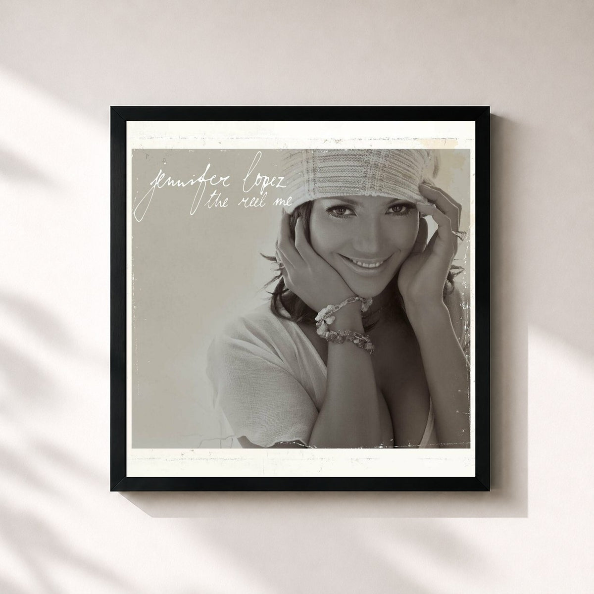 #noir Tableau carré de l'album The Reel Me de Jennifer Lopez, cadre noir 32x32 cm