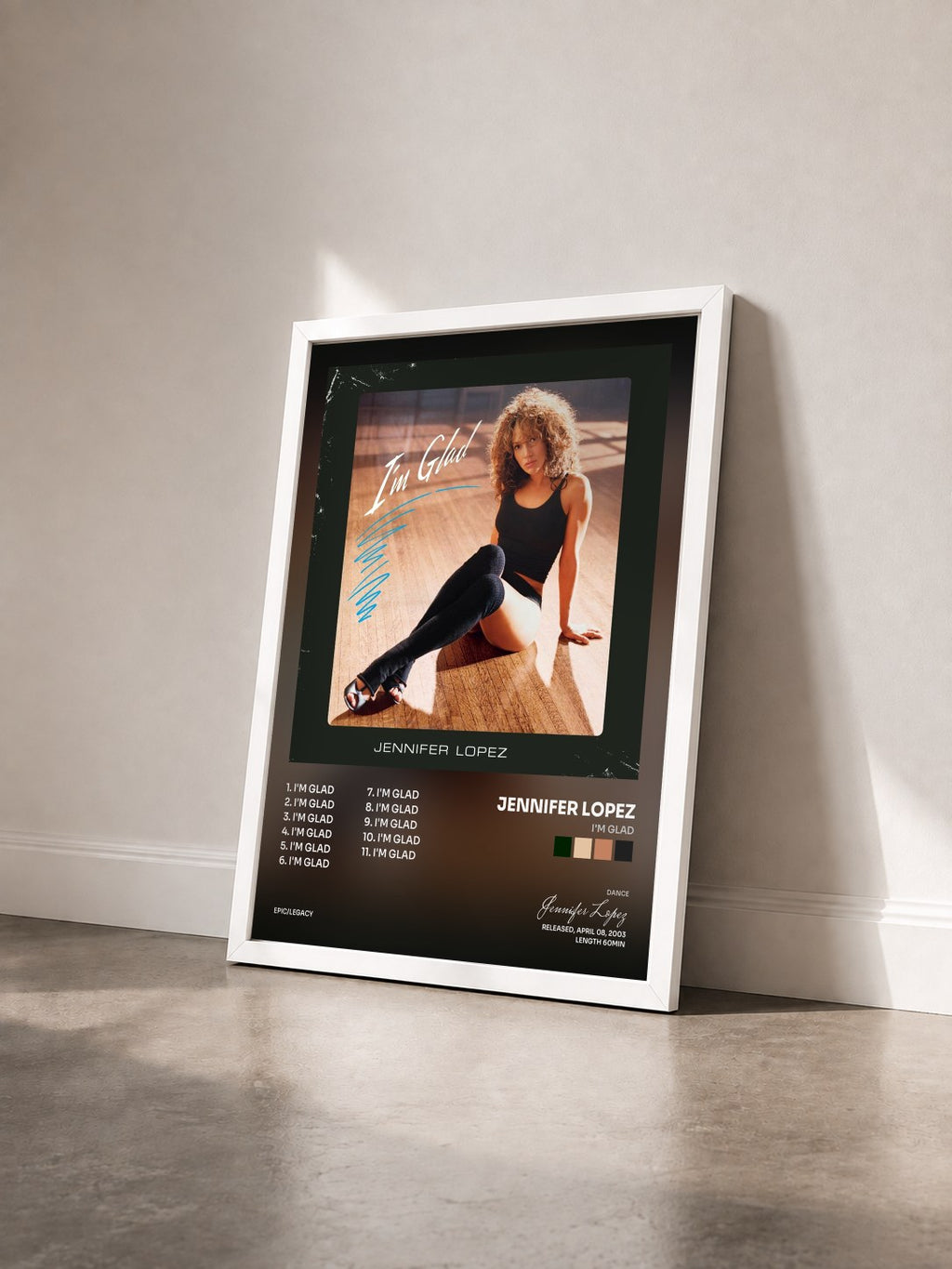 #blanc Tableau de l'album I'm Glad de Jennifer Lopez vu de trois quarts, cadre blanc
