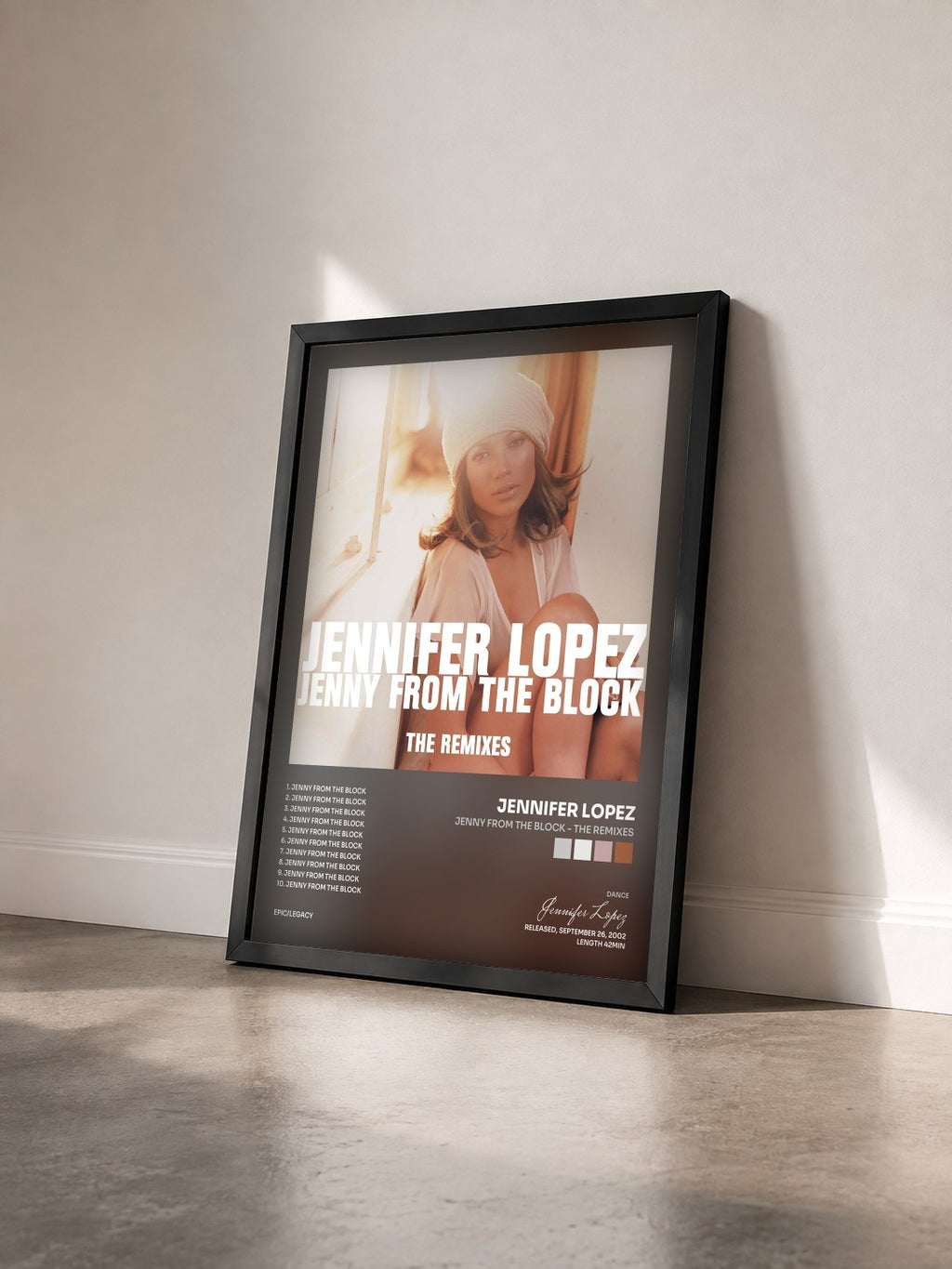#noir Jenny From The Block - The Remixes de Jennifer Lopez en lámina enmarcada vista de tres cuartos, marco negro