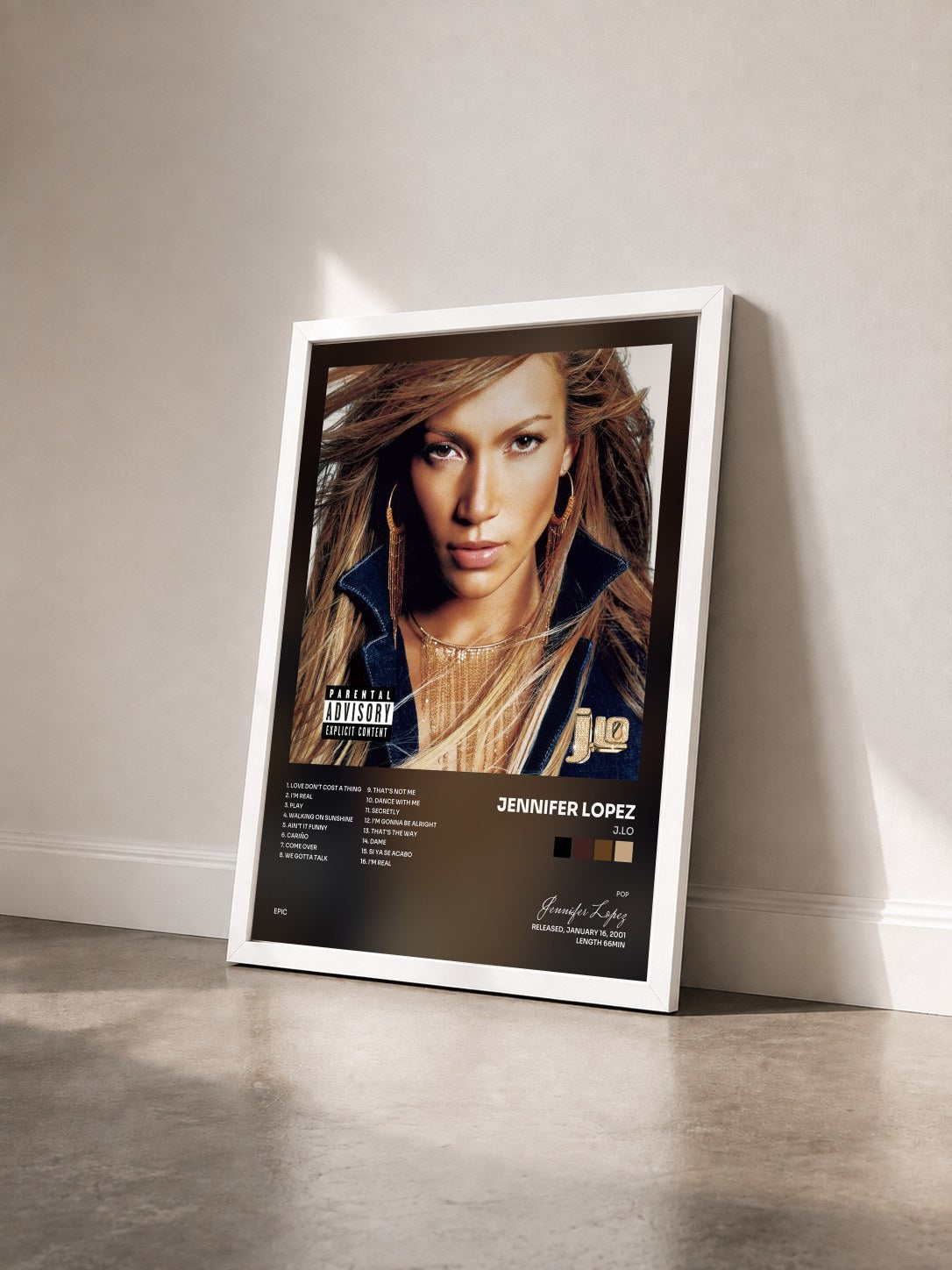 #blanc Tableau de l'album J.Lo de Jennifer Lopez vu de trois quarts, cadre blanc