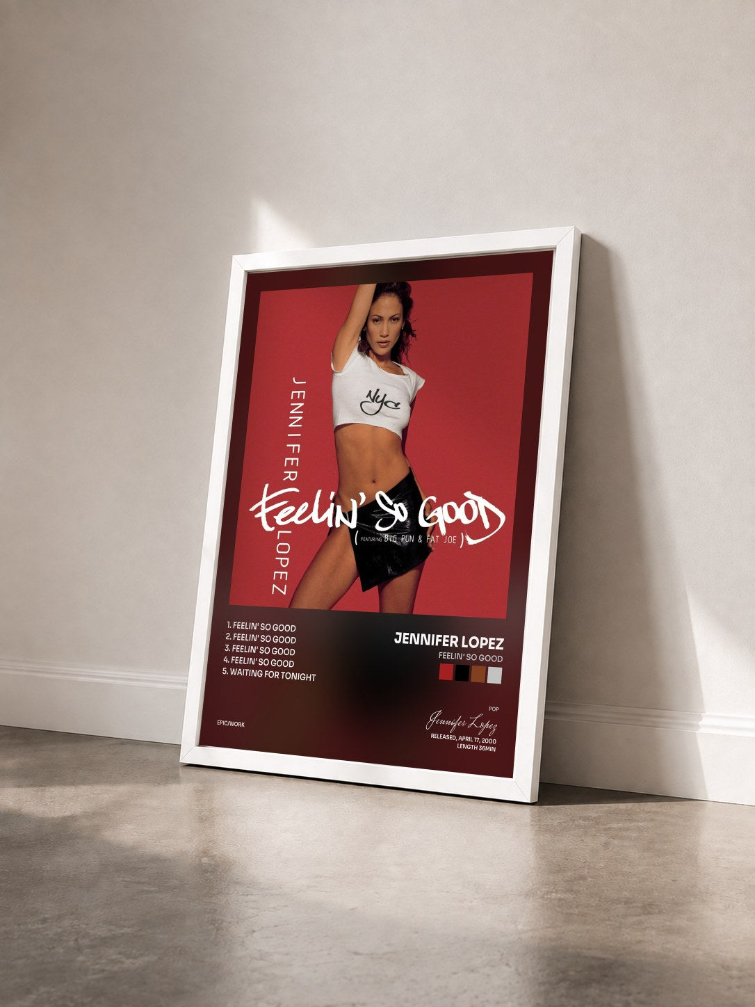 #blanc Tableau de l'album Feelin' So Good de Jennifer Lopez vu de trois quarts, cadre blanc