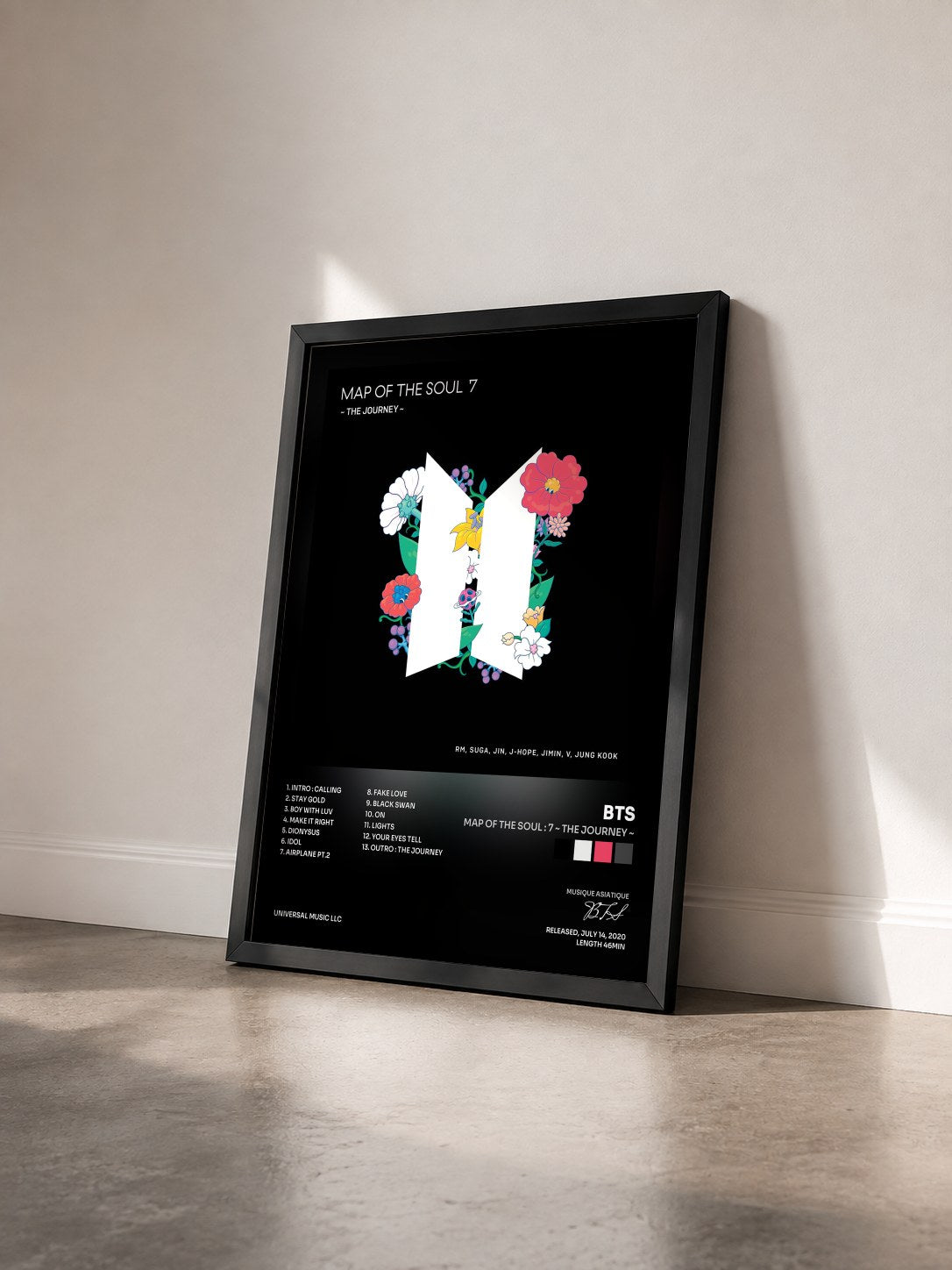 #noir MAP OF THE SOUL : 7 ~ THE JOURNEY ~ by BTS as a framed art print seen at an angle, black frame