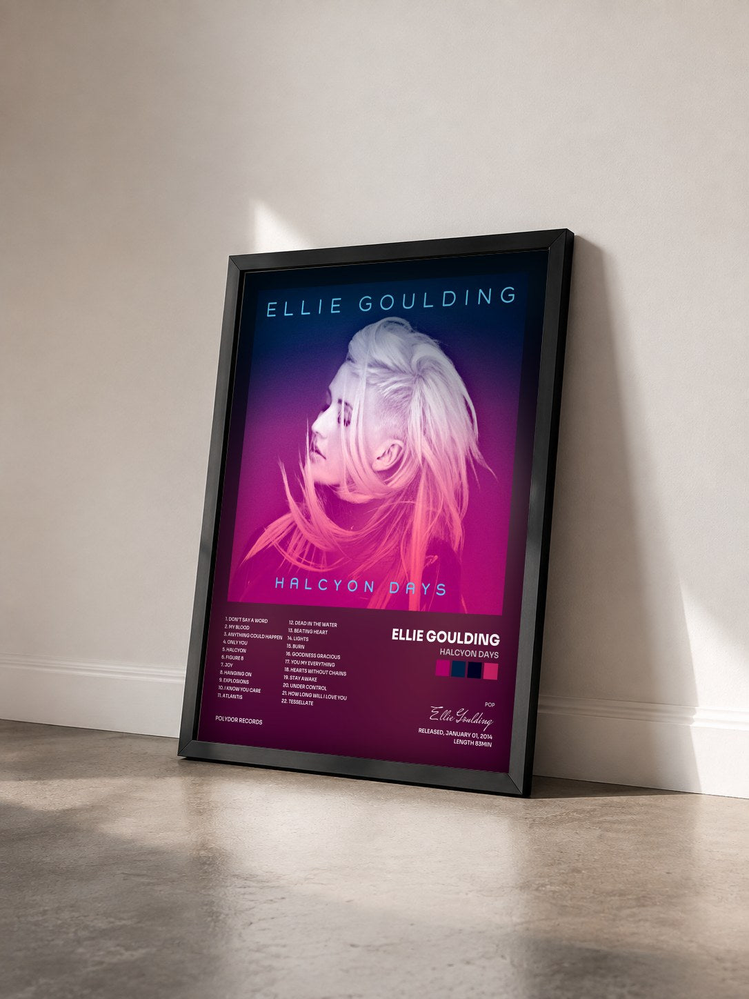 #noir Tableau de l'album Halcyon Days de Ellie Goulding vu de trois quarts, cadre noir