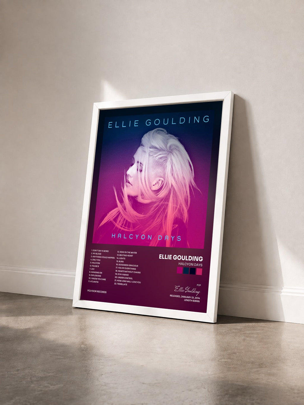 #blanc Tableau de l'album Halcyon Days de Ellie Goulding vu de trois quarts, cadre blanc