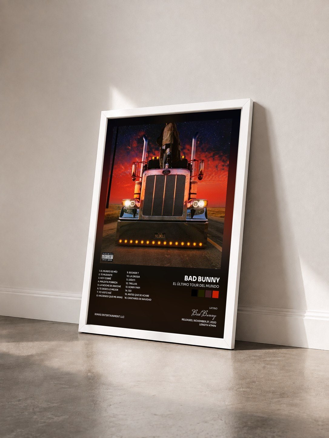 #blanc EL ÚLTIMO TOUR DEL MUNDO by Bad Bunny as a framed art print seen at an angle, white frame