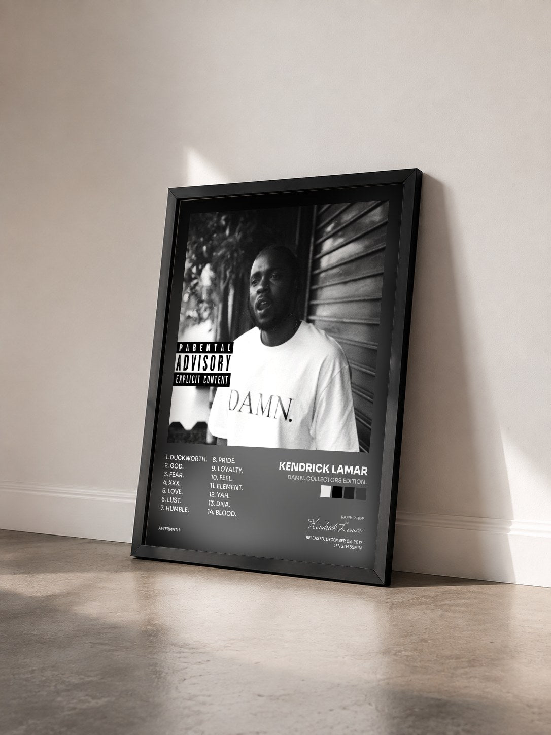#noir Tableau de l'album DAMN. COLLECTORS EDITION. de Kendrick Lamar vu de trois quarts, cadre noir