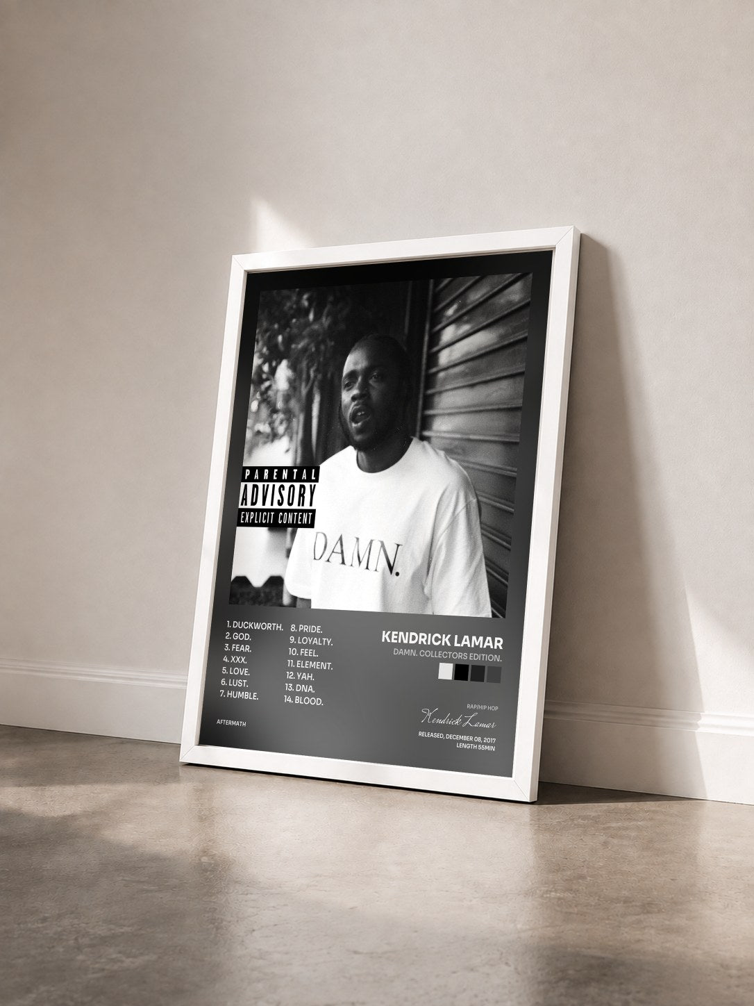#blanc Tableau de l'album DAMN. COLLECTORS EDITION. de Kendrick Lamar vu de trois quarts, cadre blanc