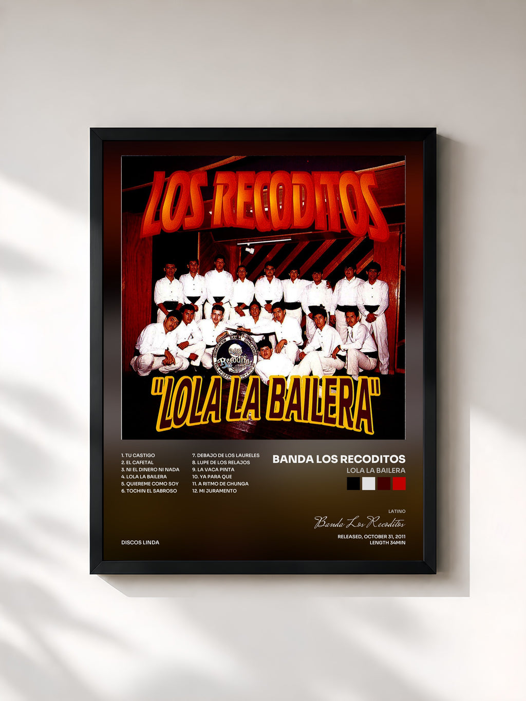 #noir Tableau de l'album Lola La Bailera de Banda Los Recoditos, cadre noir, imprimé et encadré en France