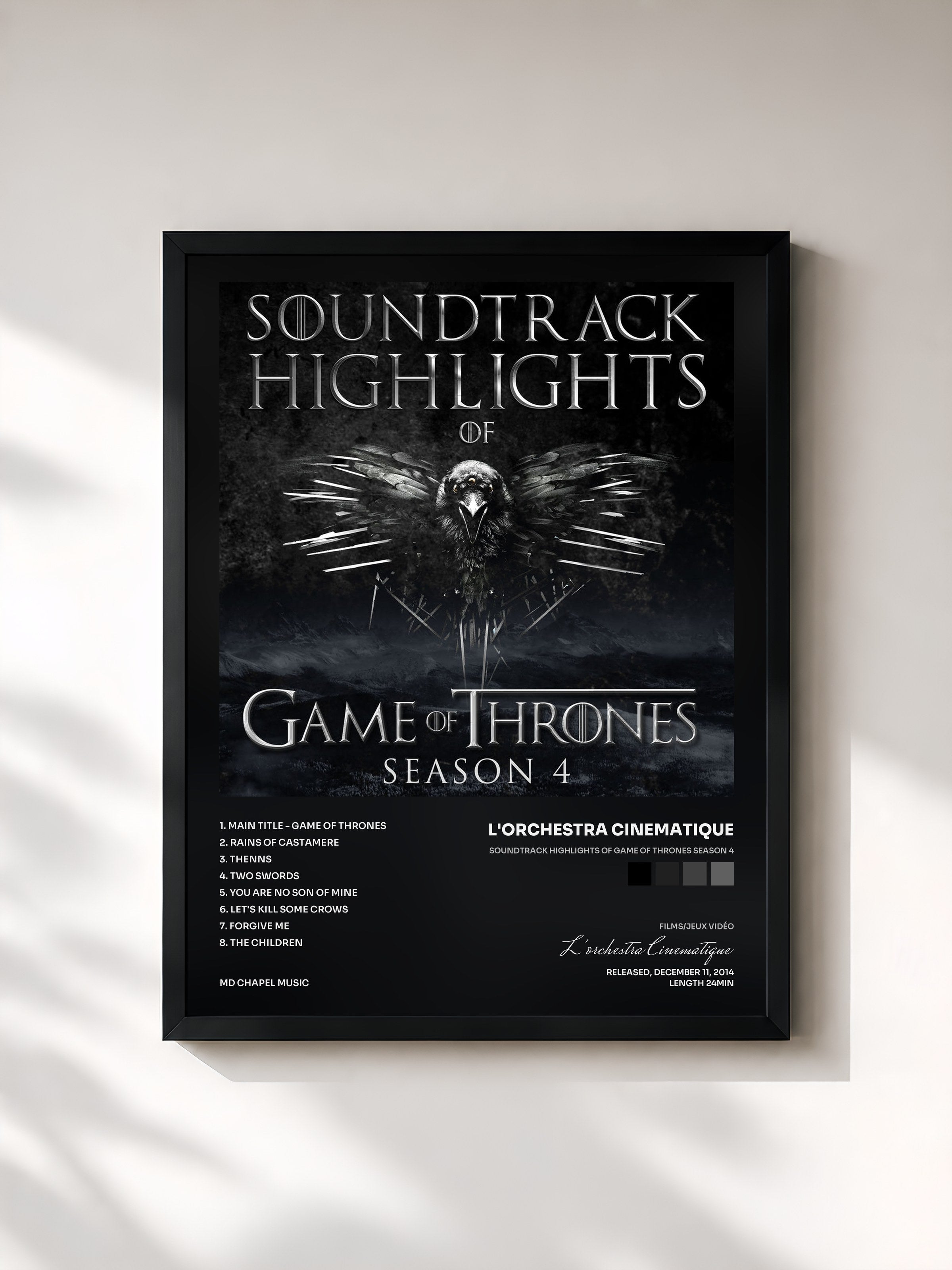 #noir Tableau de l'album Soundtrack Highlights of Game of Thrones Season 4 de L'orchestra Cinematique, cadre noir, imprimé et encadré en France