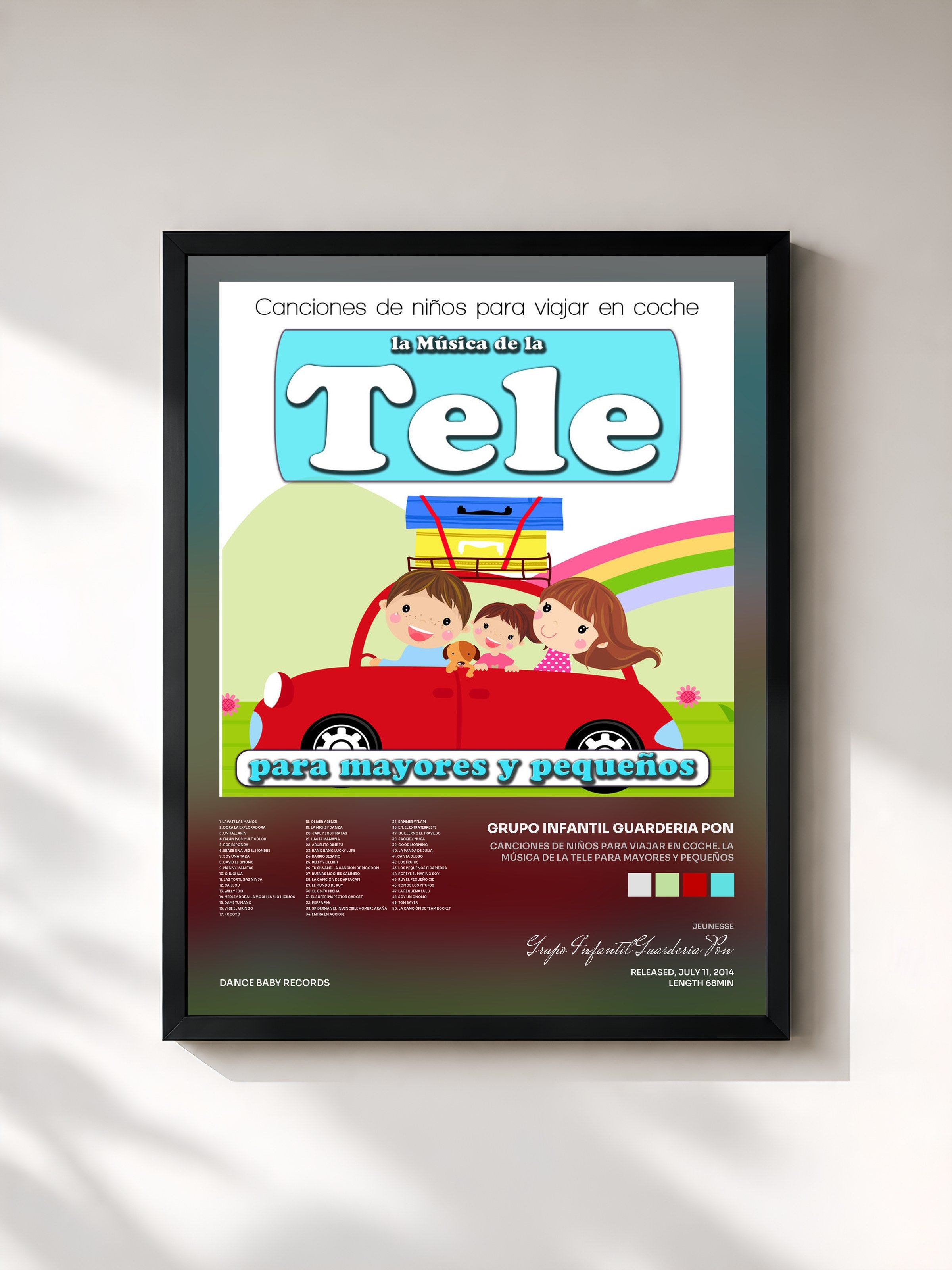 #noir Tableau de l'album Canciones de Niños para Viajar en Coche. La Música de la Tele para Mayores y Pequeños de Grupo Infantil Guarderia Pon, cadre noir, imprimé et encadré en France