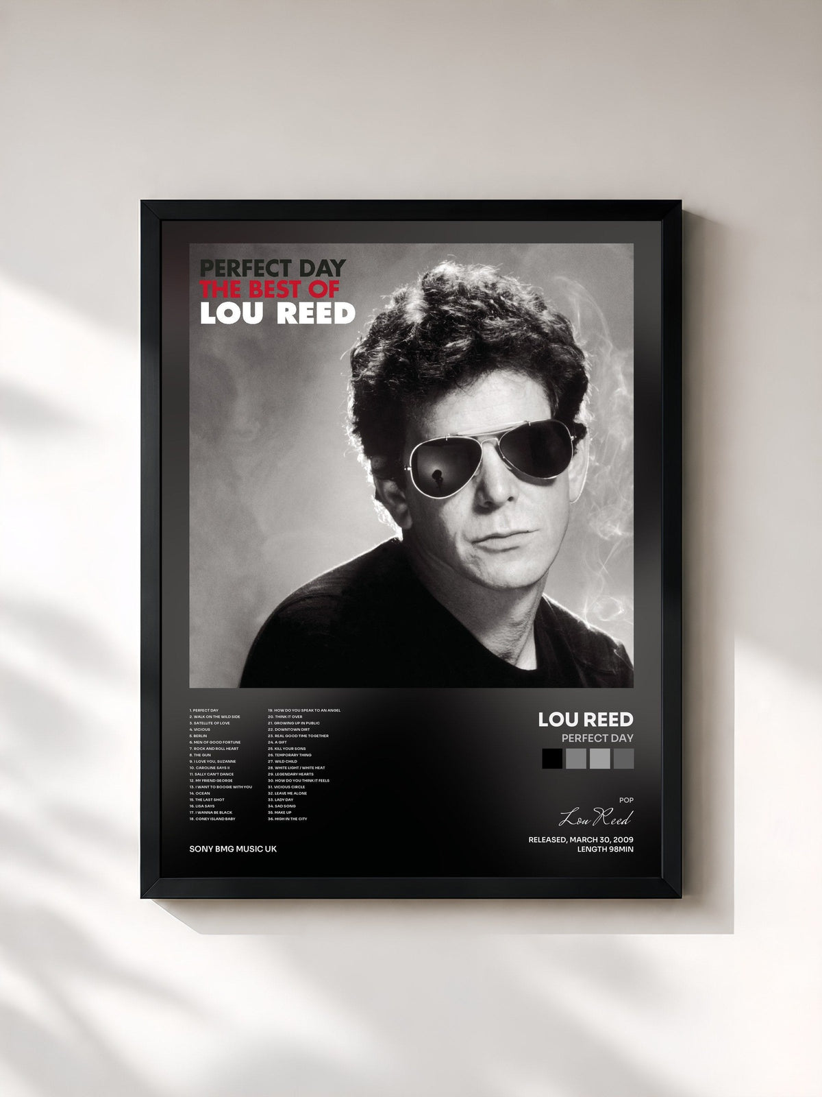 #noir Tableau de l'album Perfect Day de Lou Reed, cadre noir, imprimé et encadré en France