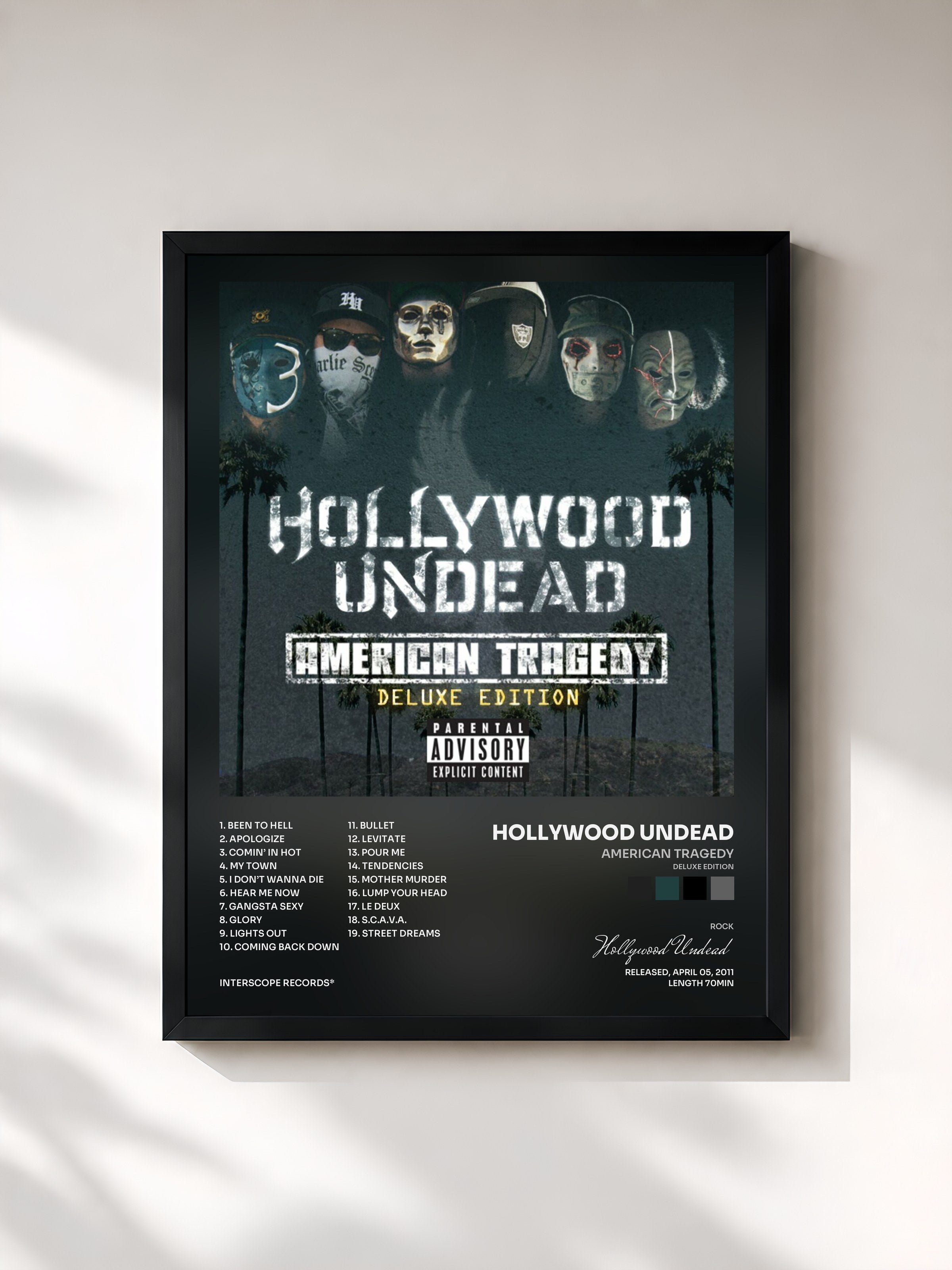 #noir Tableau de l'album American Tragedy (Deluxe Edition) de Hollywood Undead, cadre noir, imprimé et encadré en France
