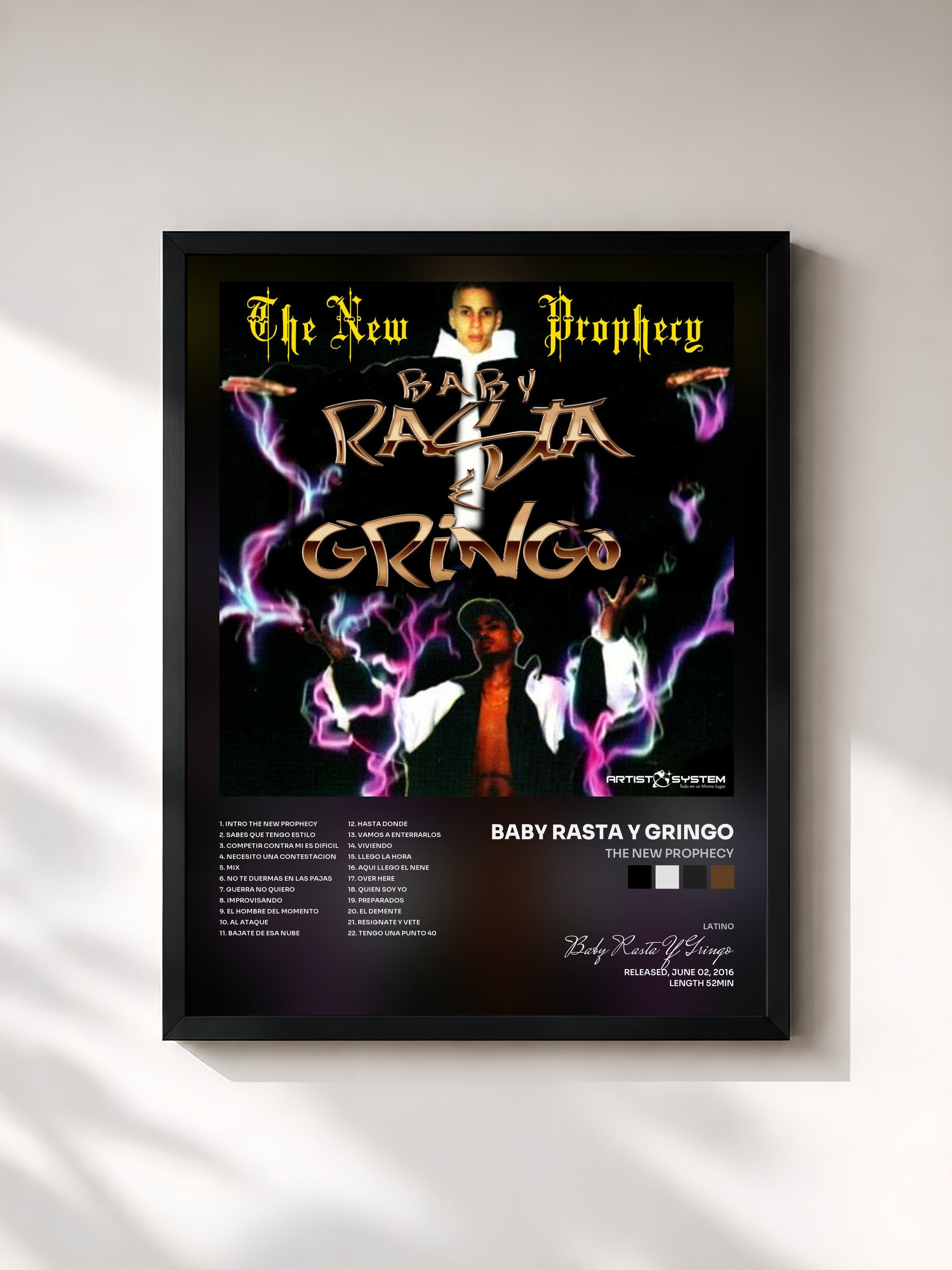 #noir Tableau de l'album The New Prophecy de Baby Rasta Y Gringo, cadre noir, imprimé et encadré en France