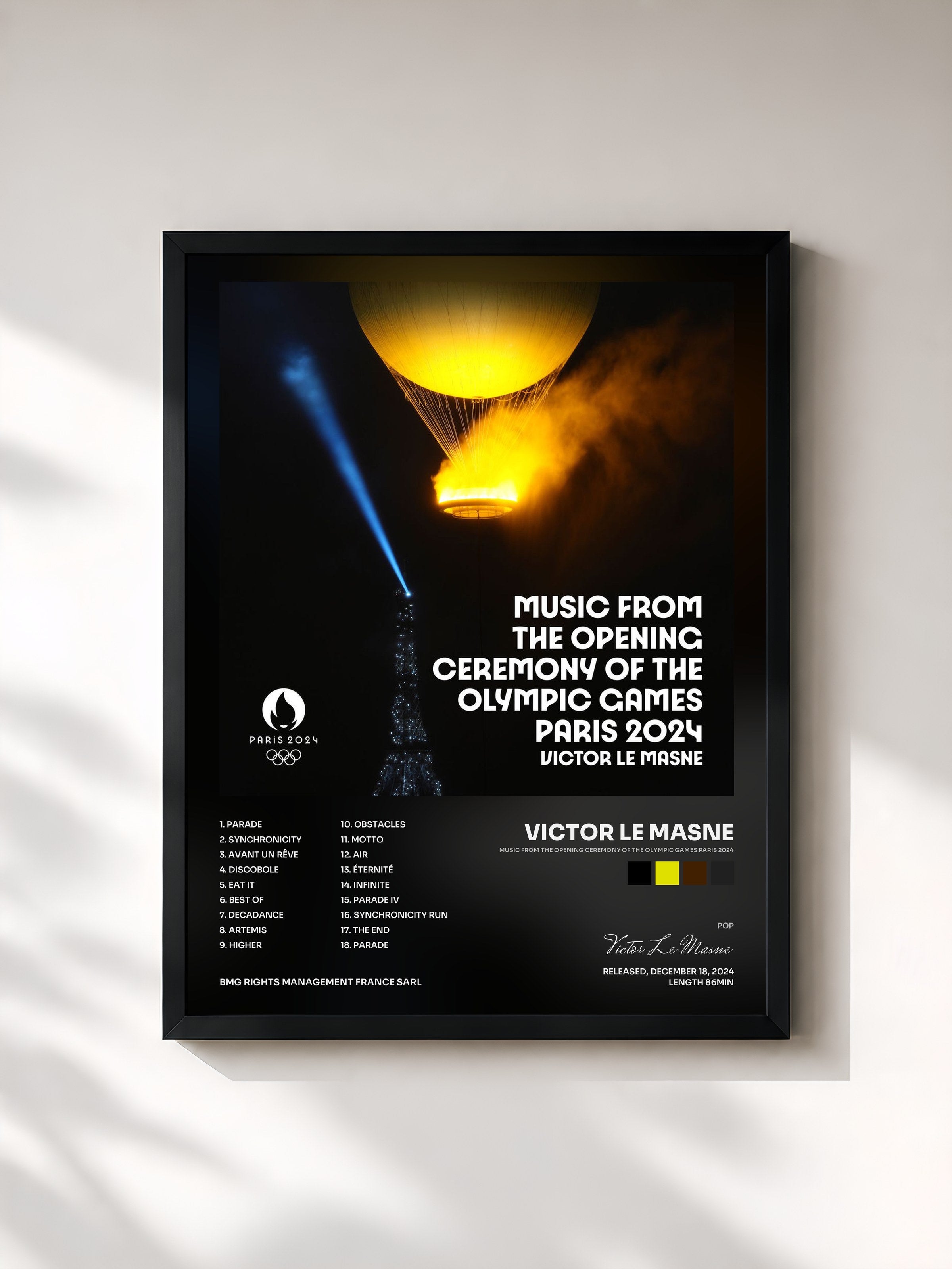#noir Tableau de l'album Music from The Opening Ceremony of The Olympic Games Paris 2024 de Victor Le Masne, cadre noir, imprimé et encadré en France