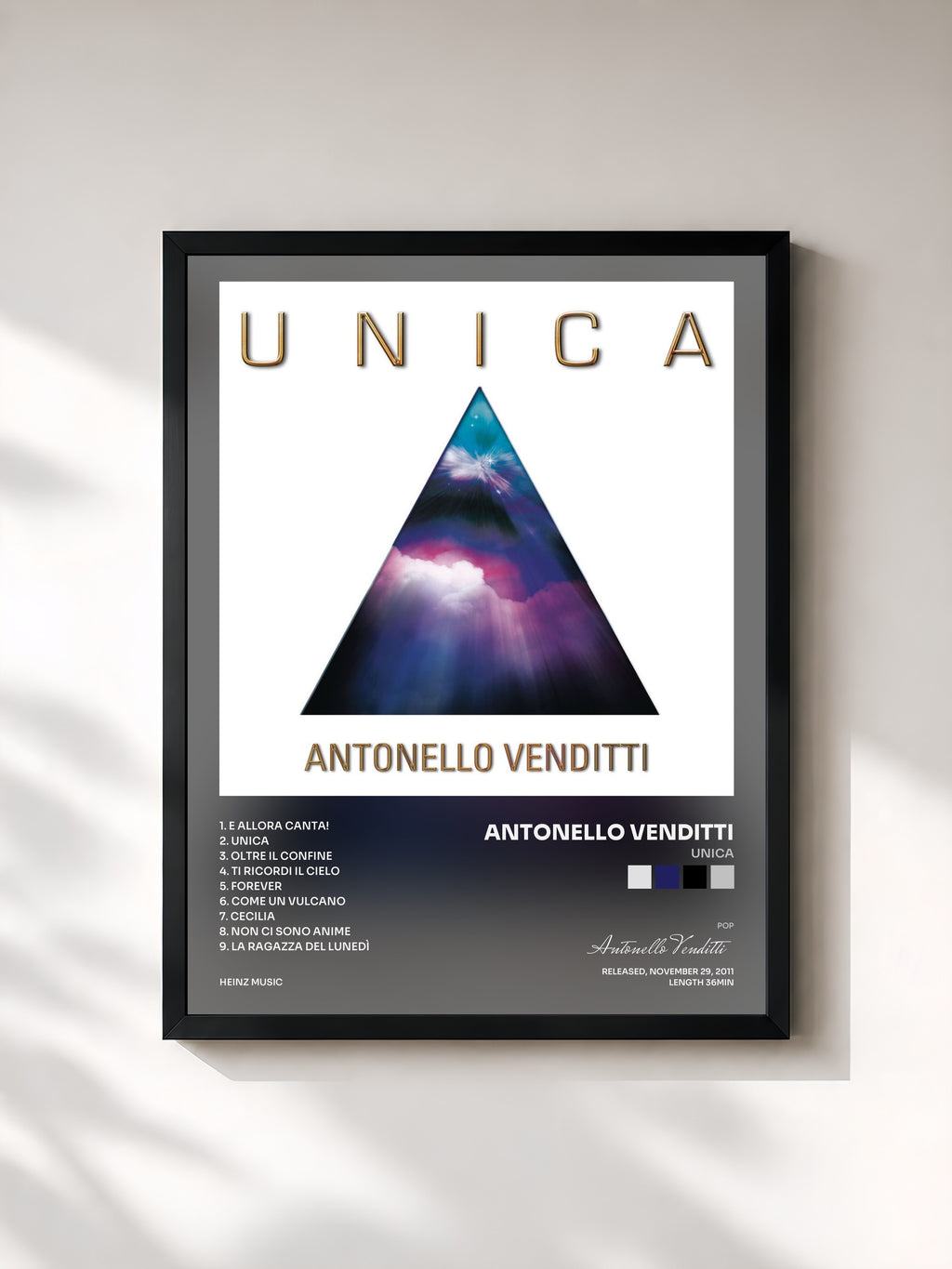 #noir Tableau de l'album Unica de Antonello Venditti, cadre noir, imprimé et encadré en France