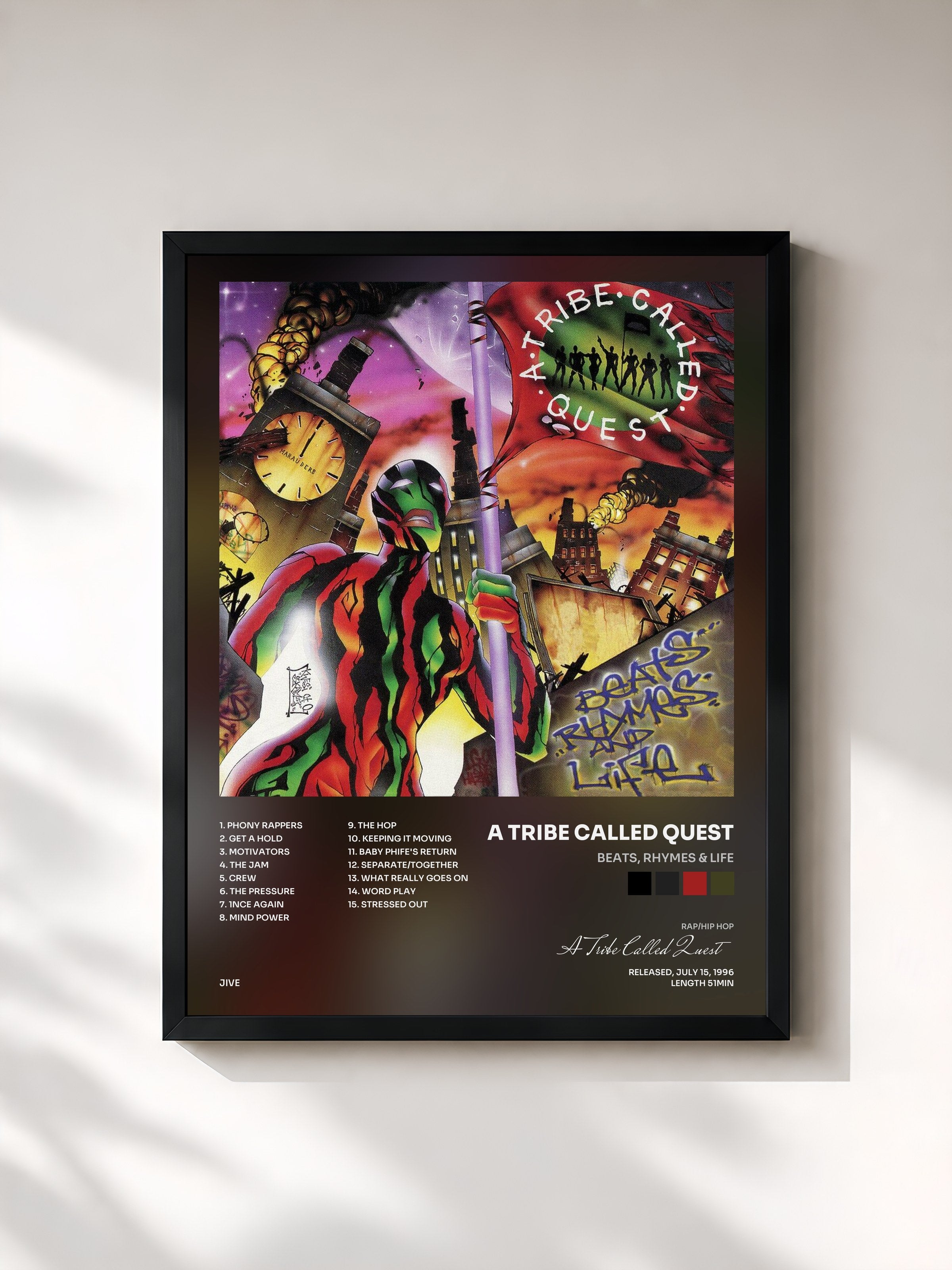 #noir Tableau de l'album Beats, Rhymes & Life de A Tribe Called Quest, cadre noir, imprimé et encadré en France