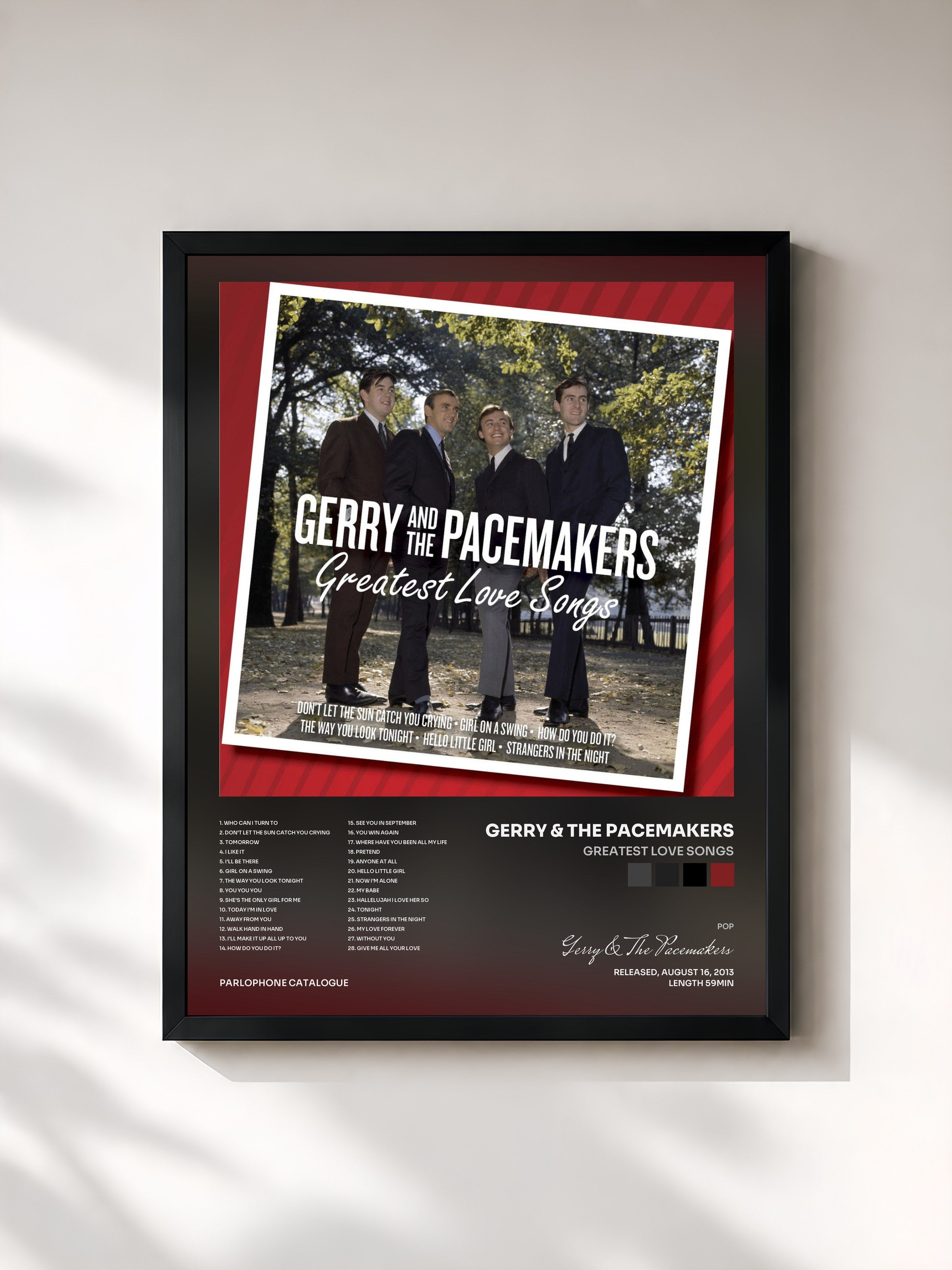 #noir Tableau de l'album Greatest Love Songs de Gerry & The Pacemakers, cadre noir, imprimé et encadré en France