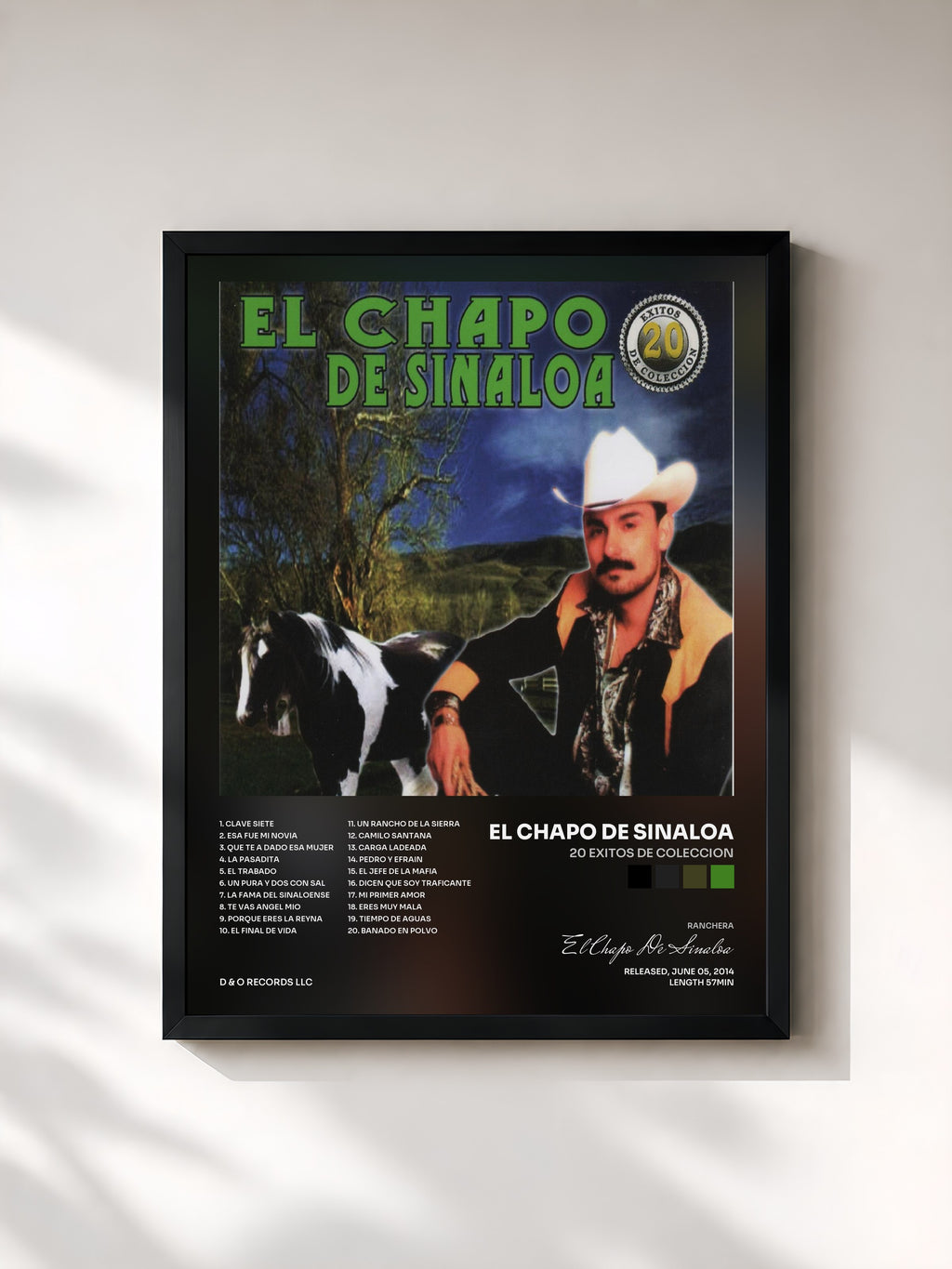 #noir Tableau de l'album 20 Exitos de Coleccion de El Chapo De Sinaloa, cadre noir, imprimé et encadré en France